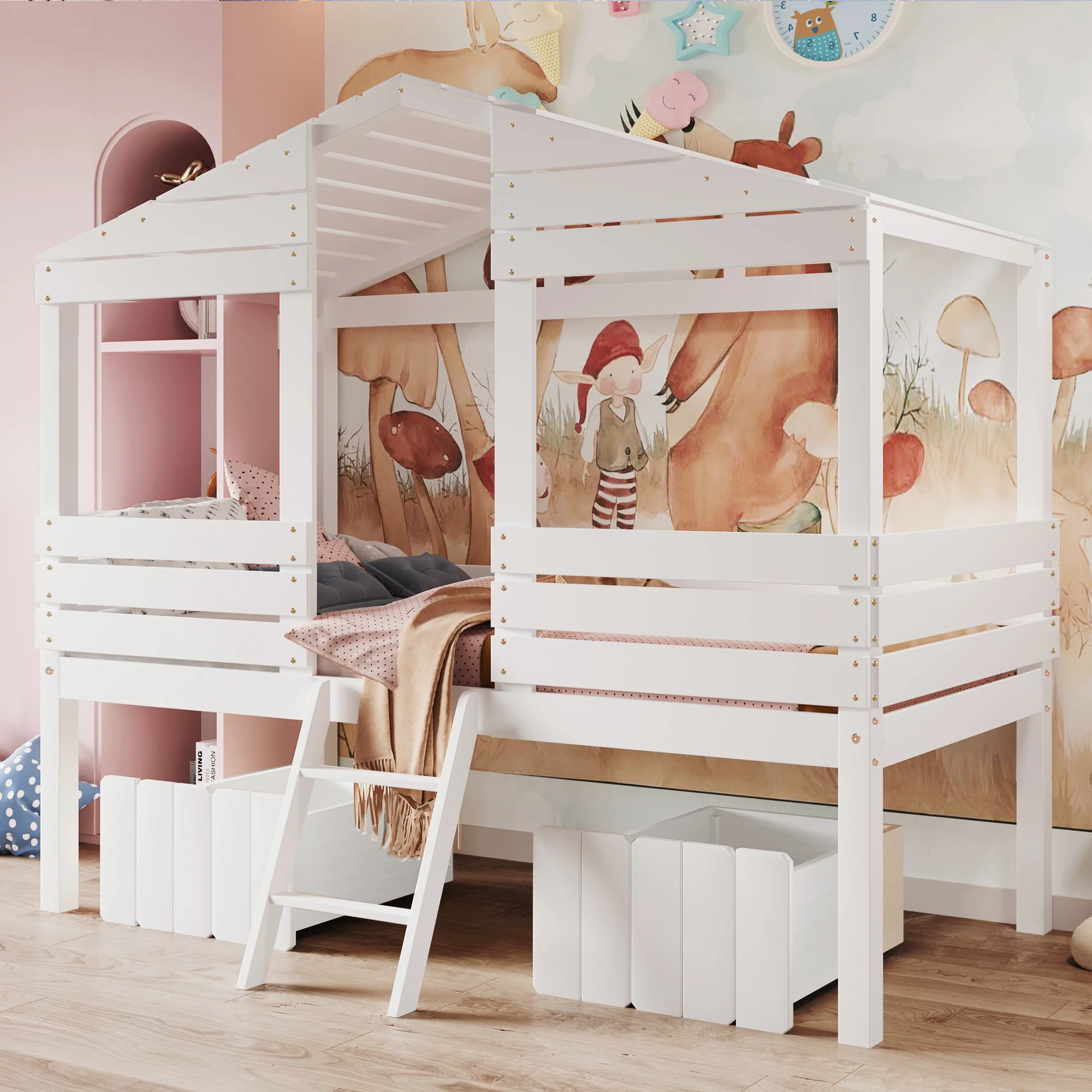 Playhouse Design Bed with Two Storage Drawers, Window and Roof, Twin Size Wood Bed Daybed Twin Size House Low Loft Bed Can be Decorated for Girls, Boys(White)