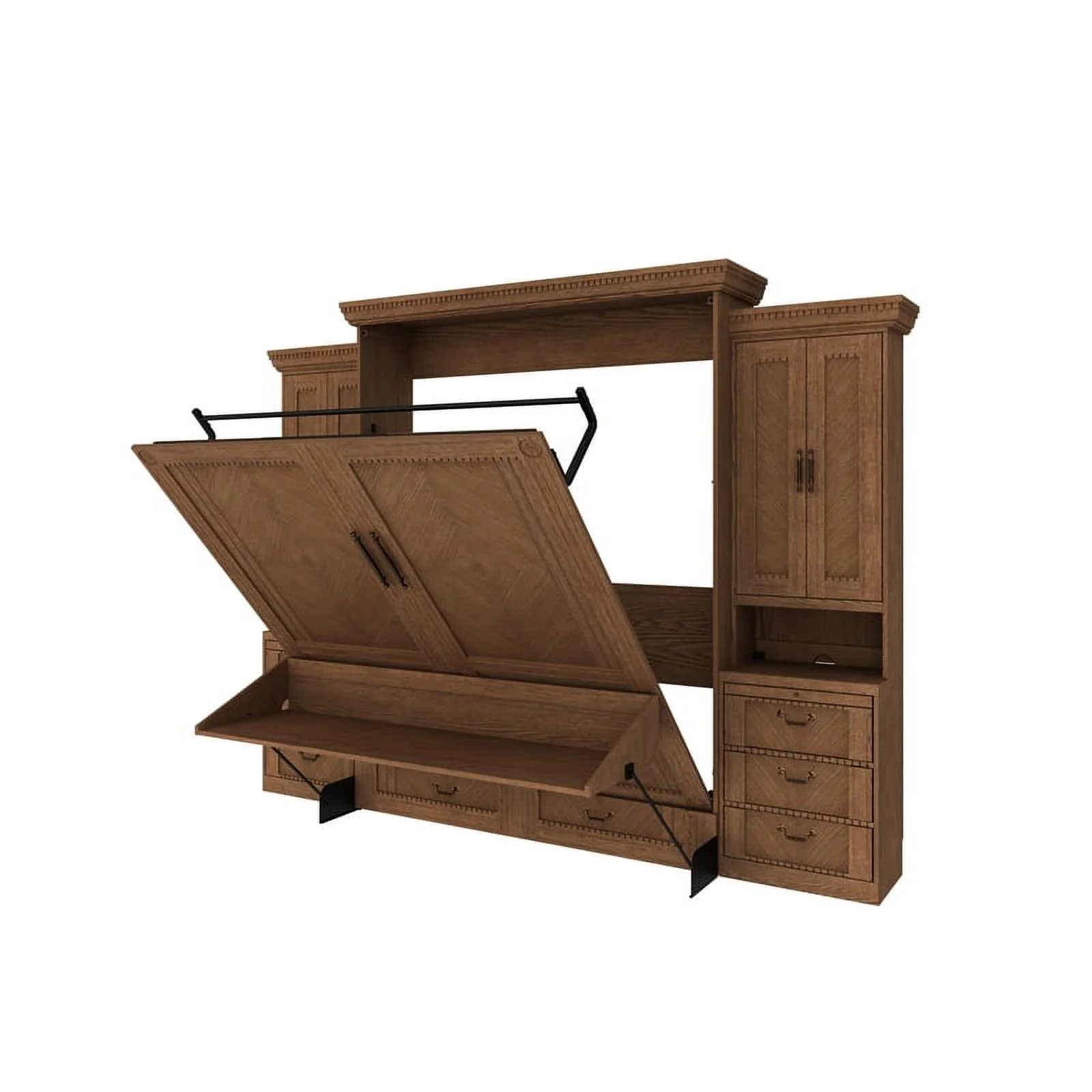 RoomAndLoft Queen Wood Murphy Wall Desk Bed & 2 Shelf Storage Units in Brown