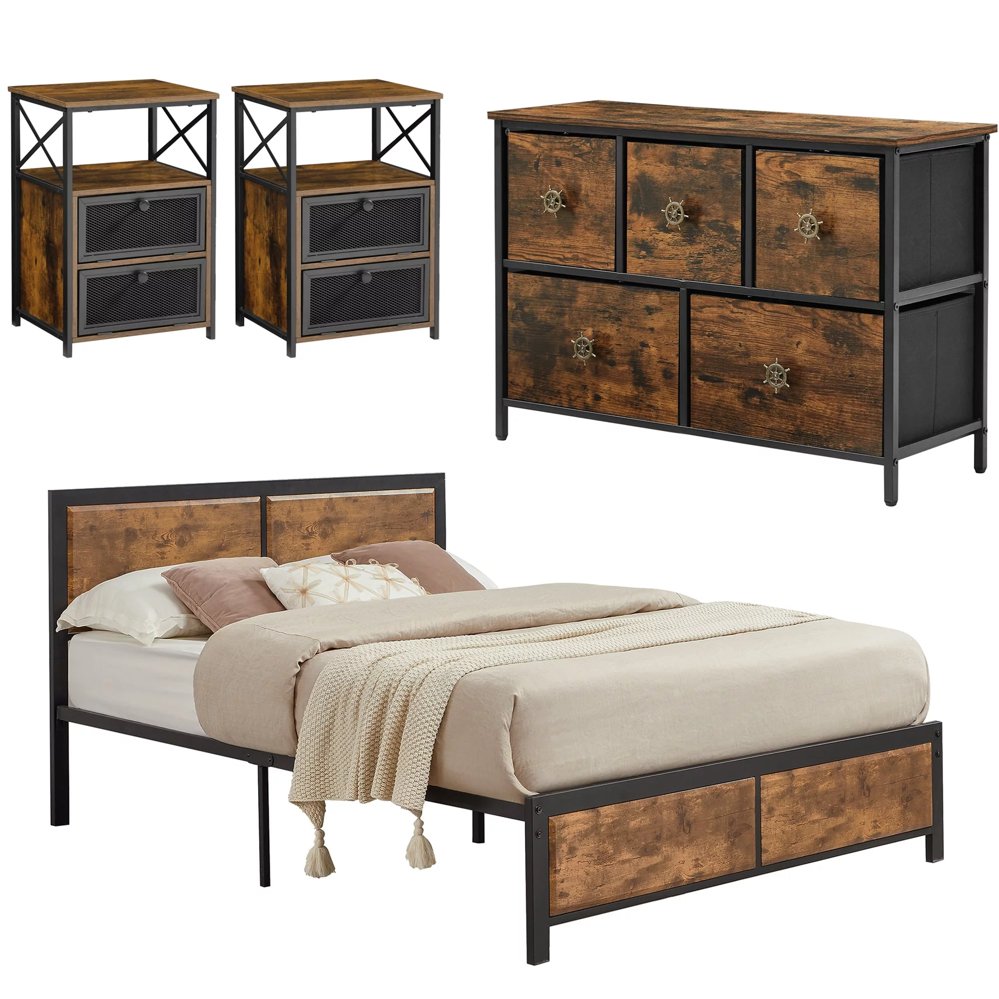 VECELO 4-Piece Full Size Bedroom Set with Bed Frame & 5-Drawer Dresser & Two Nightstands, Brown