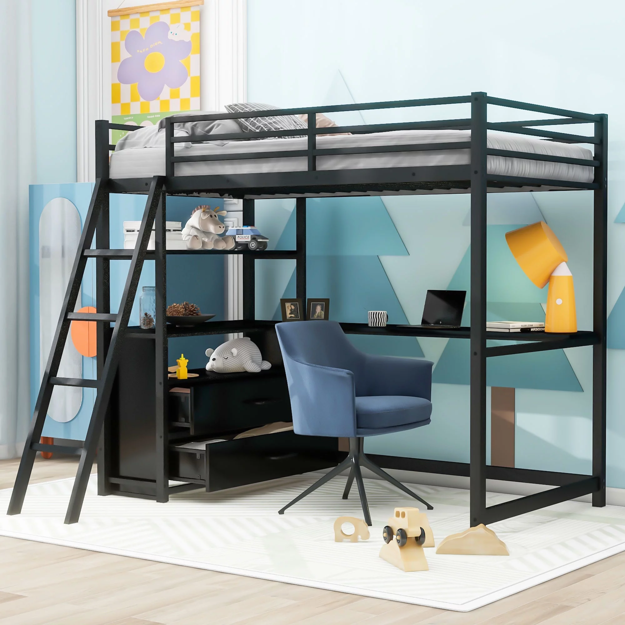 Twin Size Metal&Wood Loft Bed with MDF Desk and Storage Shelf, Multifunctional Loft Bed with Two Built-in Drawers, Space Saving, No Box Spring Needed for Teens Adults(Black, Twin)