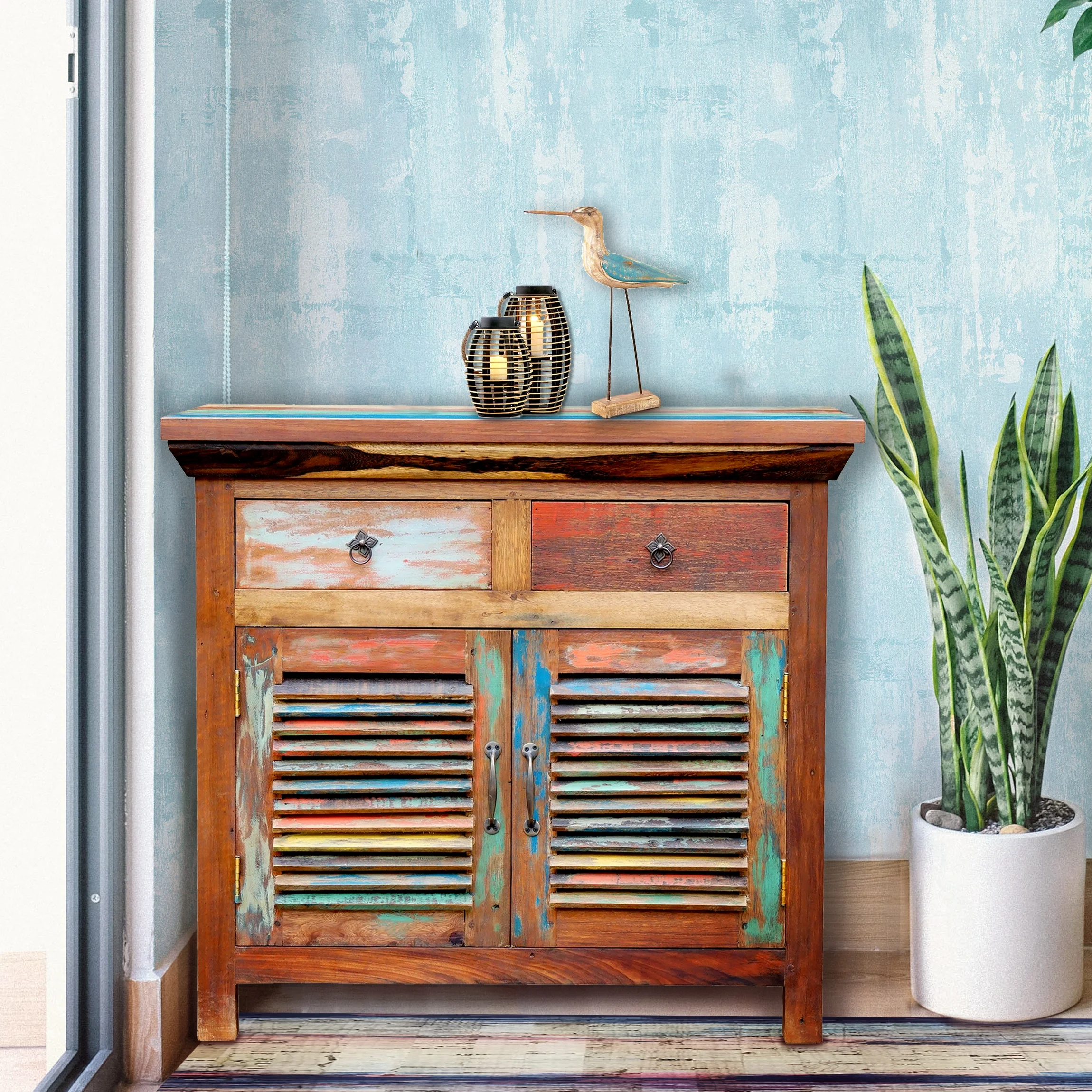 Marina del Rey Chest with 2 Slatted Doors, 2 Drawers made from Recycled Teak Wood Boats
