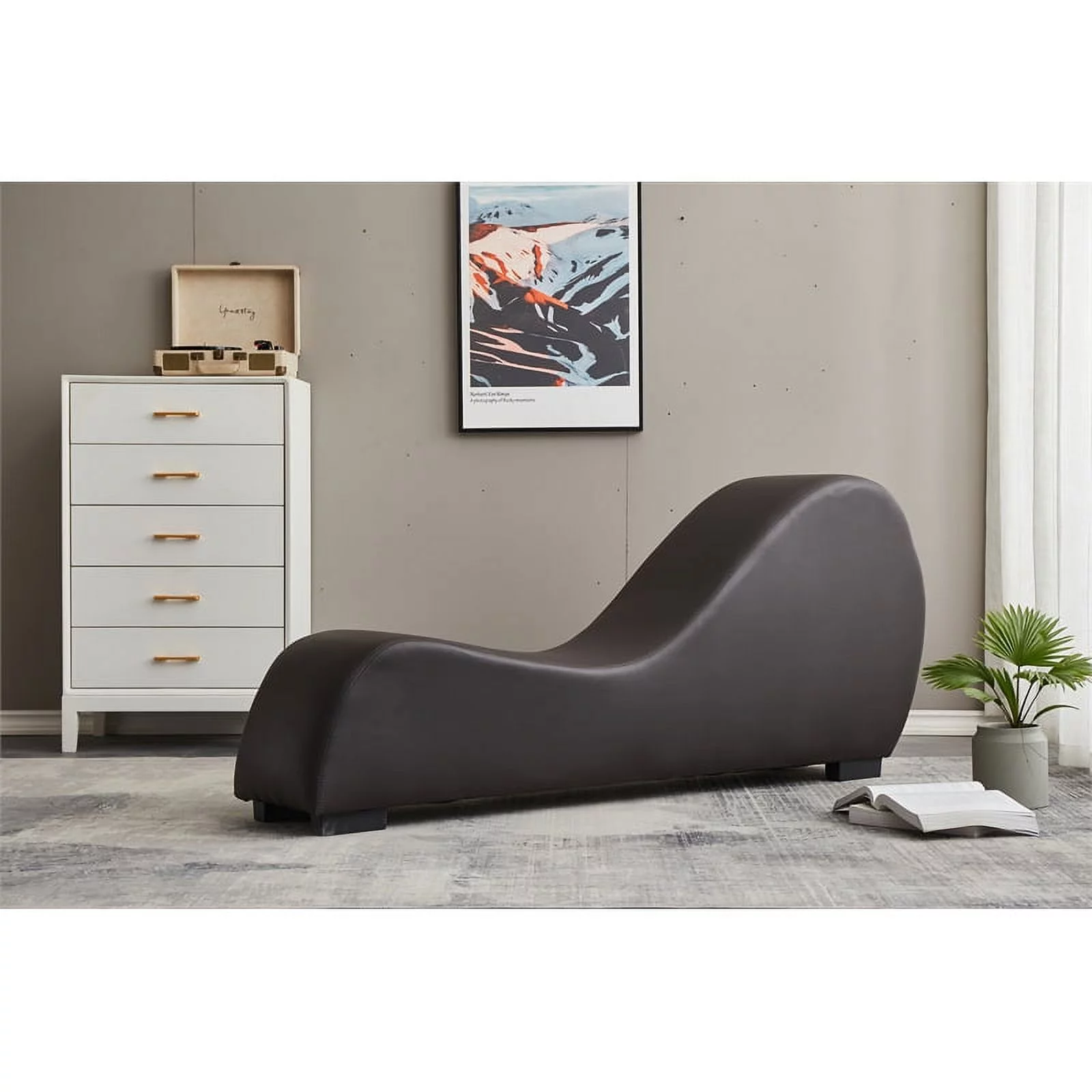 Pemberly Row Yoga Chaise Lounge, Sofa Couch for Bedroom, Easy to Clean Faux Leather Chair, Brown