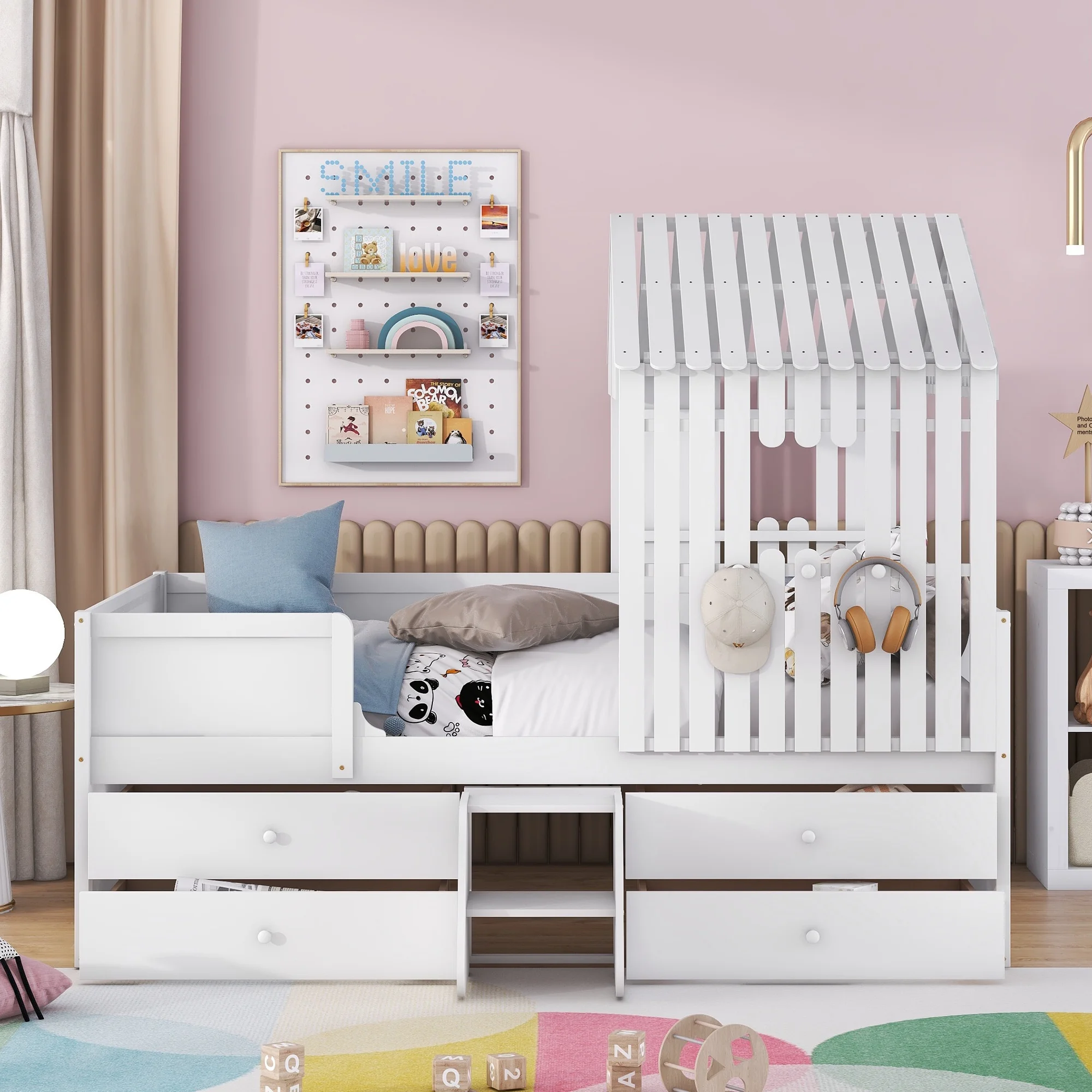 EUROCO Full Size House Low Loft Bed with Roof and Drawers, White