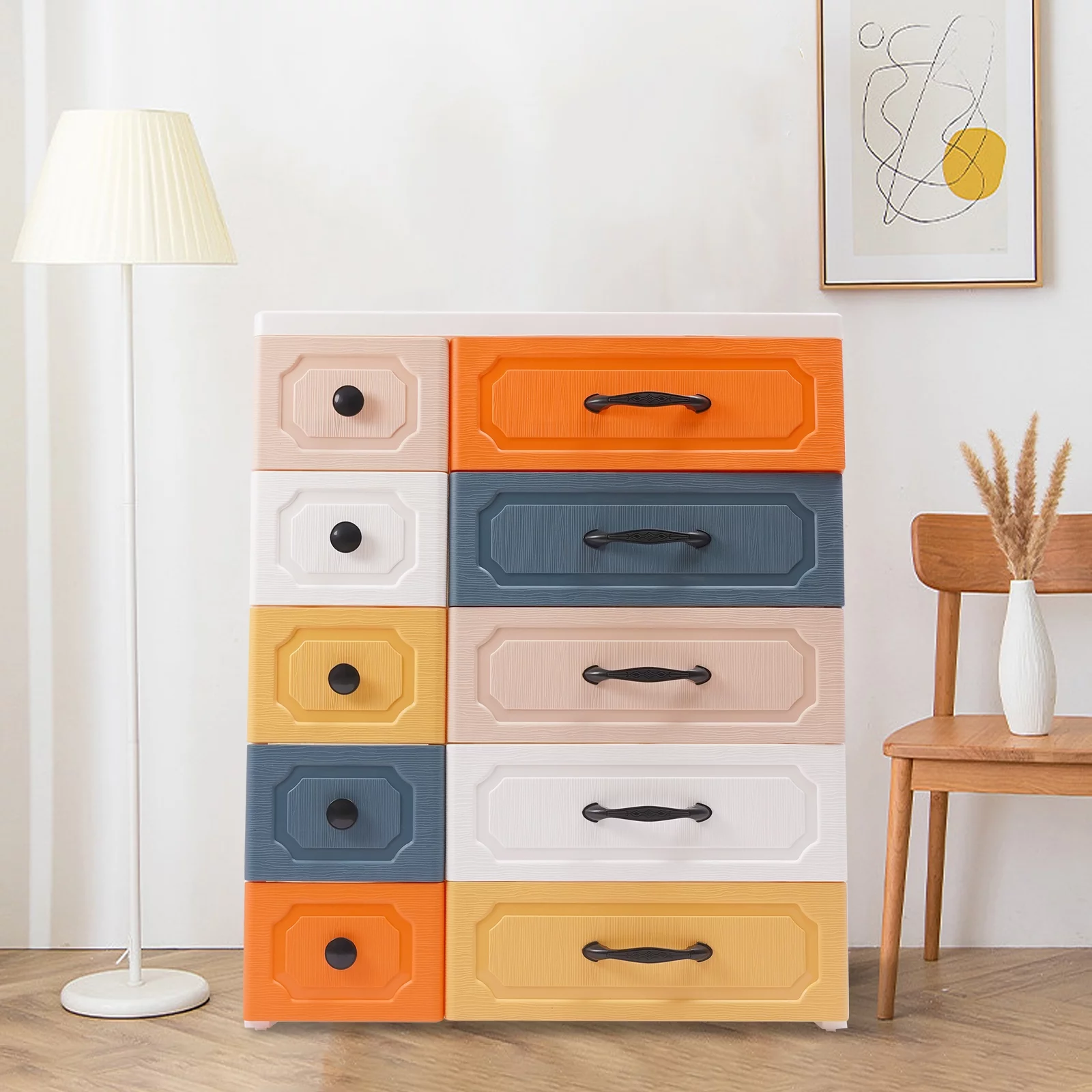 Modern 10 Drawers Vertical Dresser Orgarnizer, PP Plastic 36.6inch Tall Storage Drawers with Wheels for Bedrooms Multi-Color 29.52