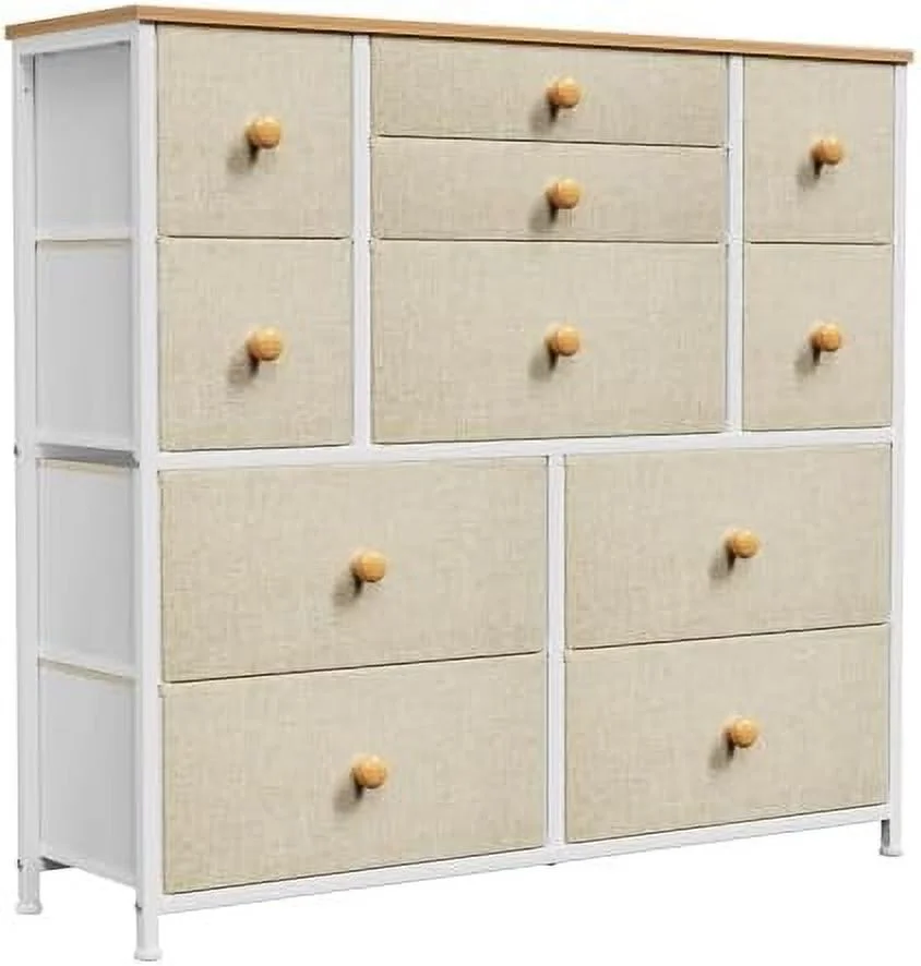 KHBIULIFE 12 Drawer Dresser for Bedroom Chest of Drawers Closets Units Organizer Large Capacity Steel Frame Wooden Top Living Room Entryway Office (Taupe)