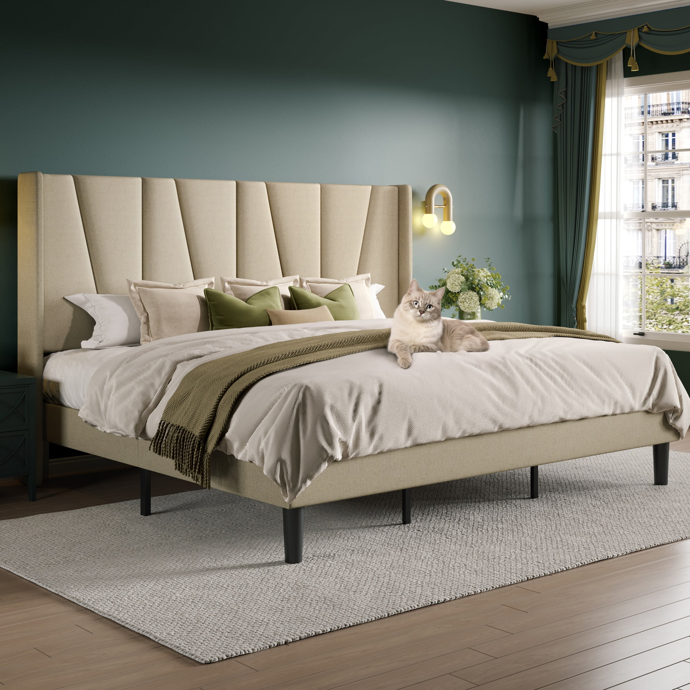 Allewie King Size Modern Platform Bed Frame with Upholstered Geometric Wingback Headboard, Beige