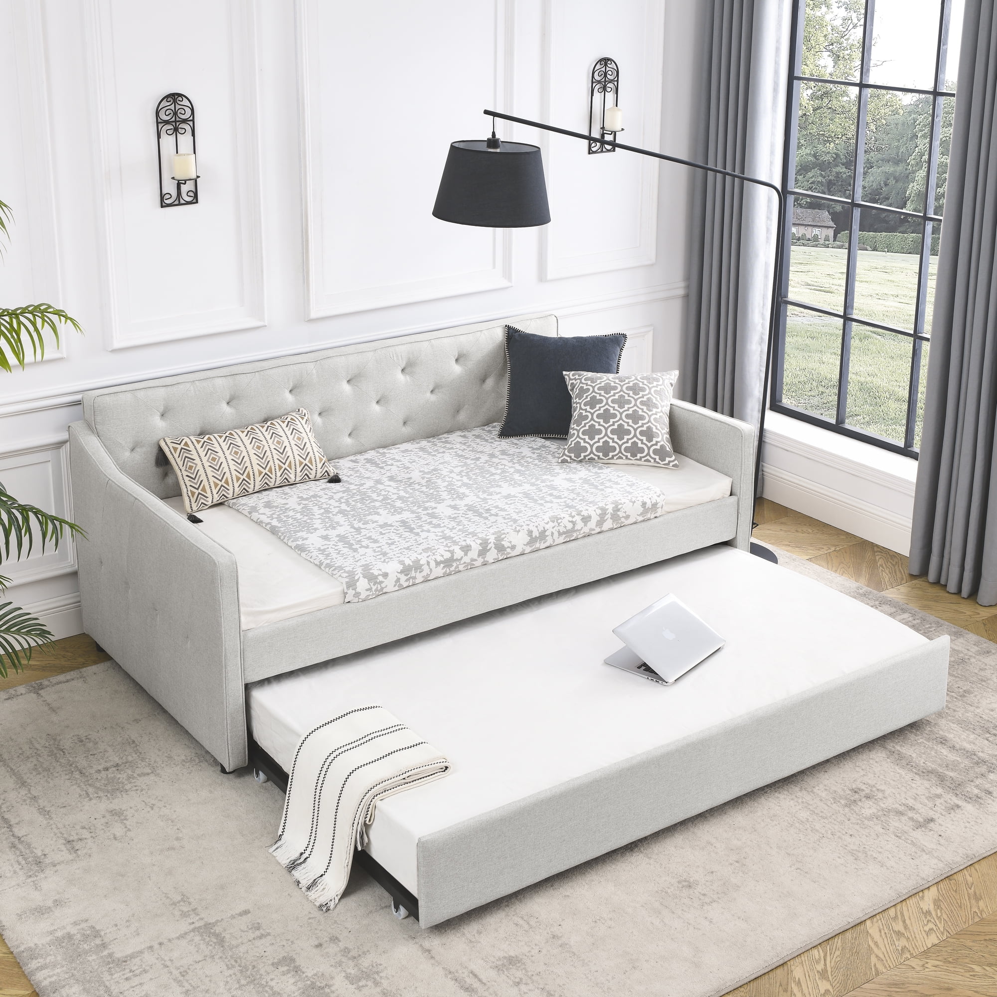 Muumblus Twin Size Upholstered Daybed with Trundle, Modern Upholstered Twin Trundle Bed, Solid Wood Daybed Frame for Bedroom, Beige, Linen