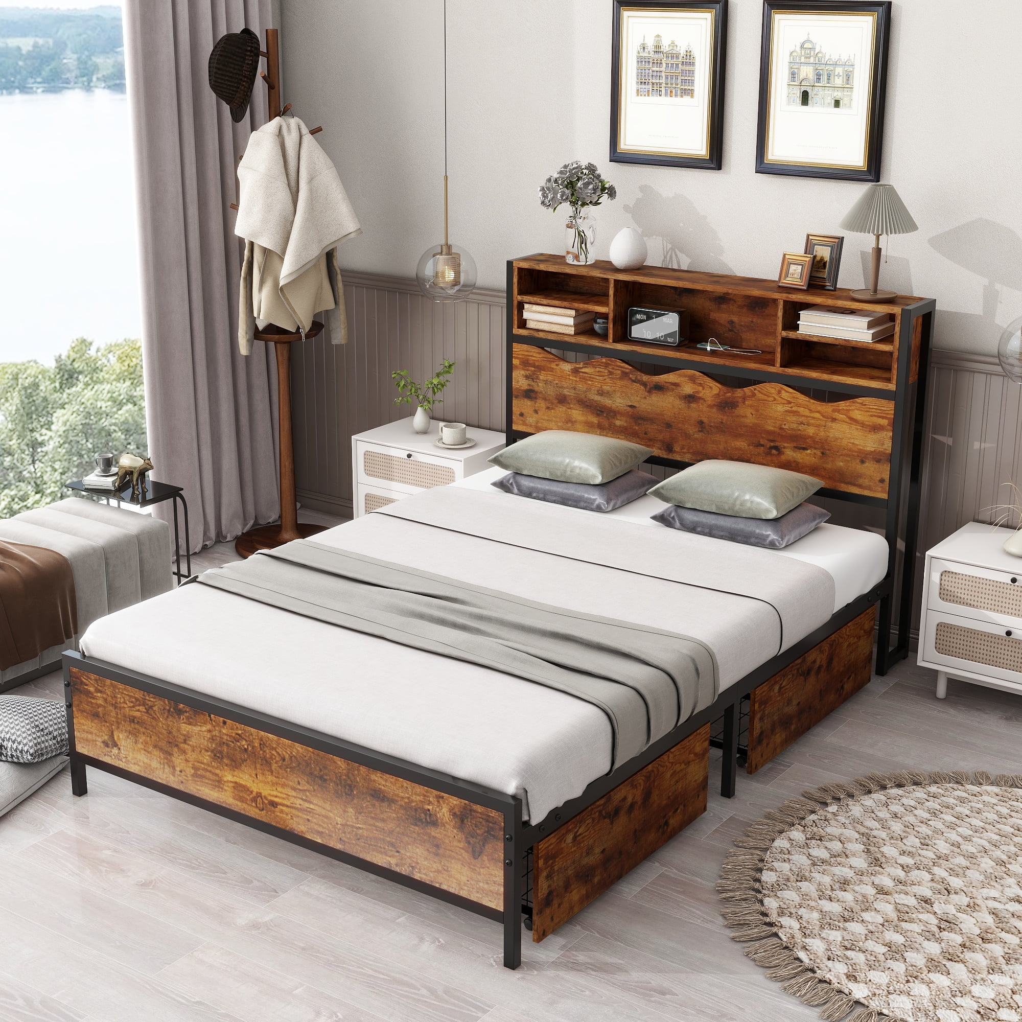 Full Bed Frame with Storage Headboard & USB Ports, Metal Platform Bed