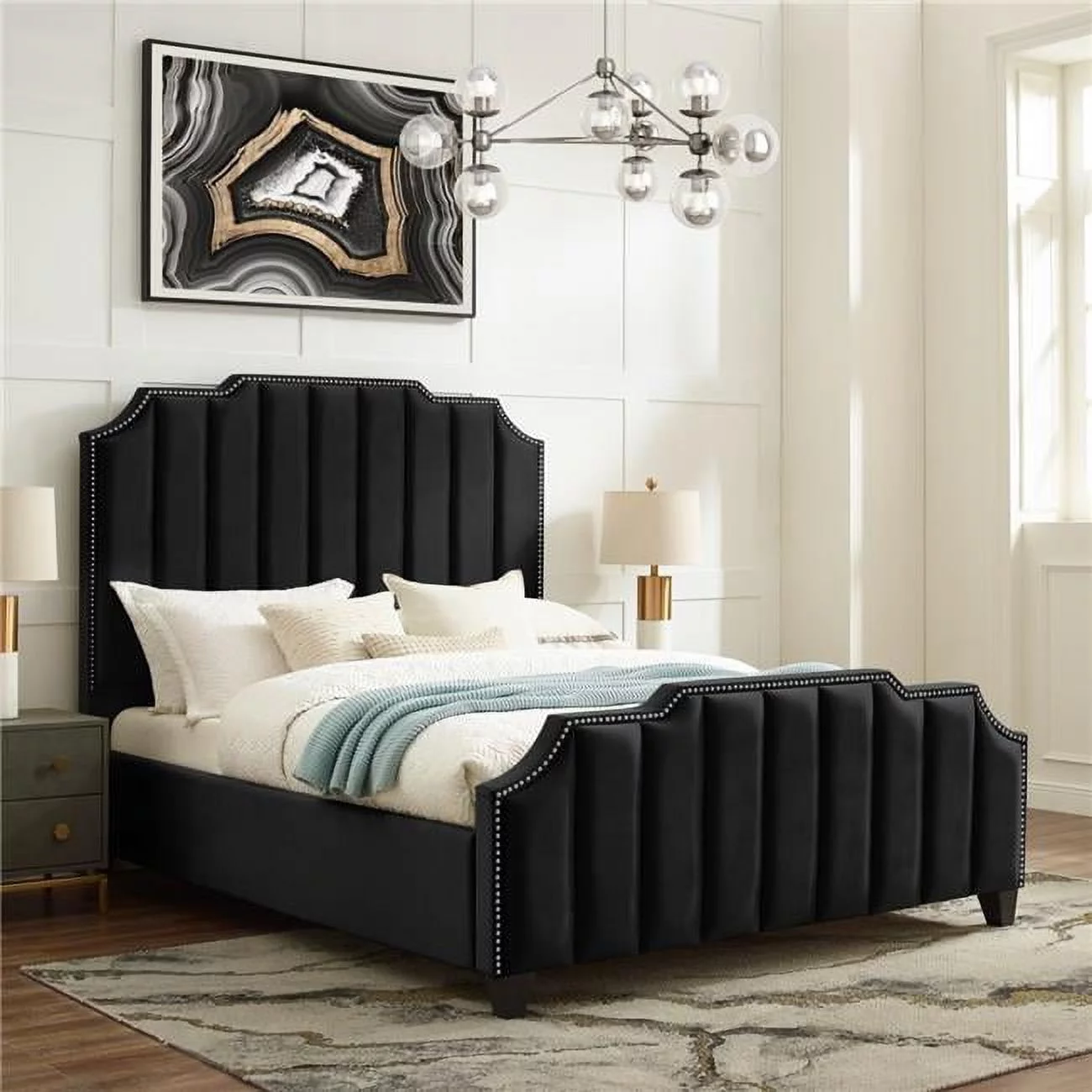 Posh Living Posh Living Poppy Velvet Channel Tufted Queen Bed with Silver Nailhead Trim, Black
