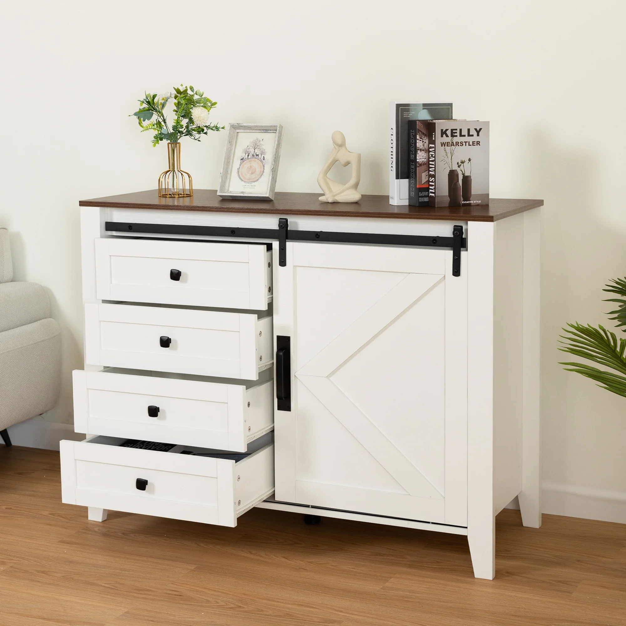 Accent Storage Cabinet,Side Console Cabinet Wood with Drawers Barn Door for Living Room Bedroom