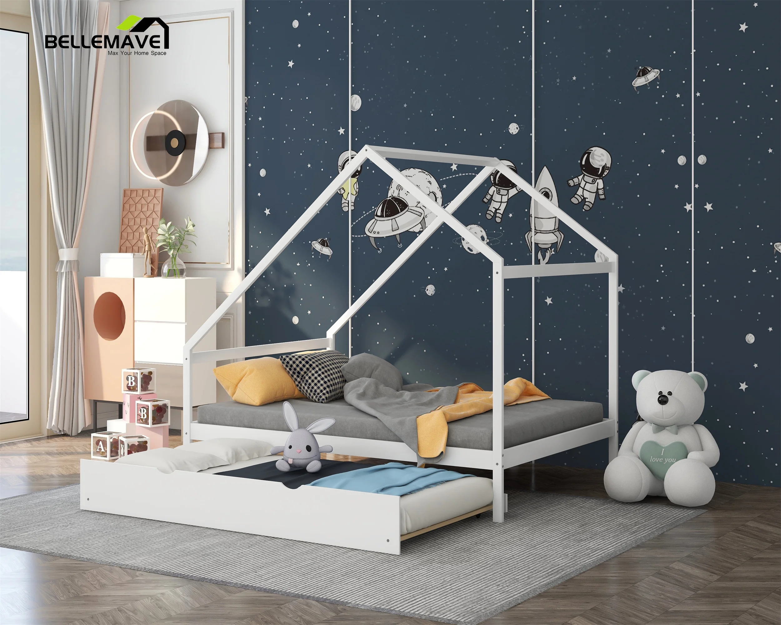 Bellemave House Bed for Kids Wood Bed Frame for Toddlers Full Platform Bed Frame with Twin Trundle Bedroom Furniture for Girls Boys, No Box Spring Needed, White
