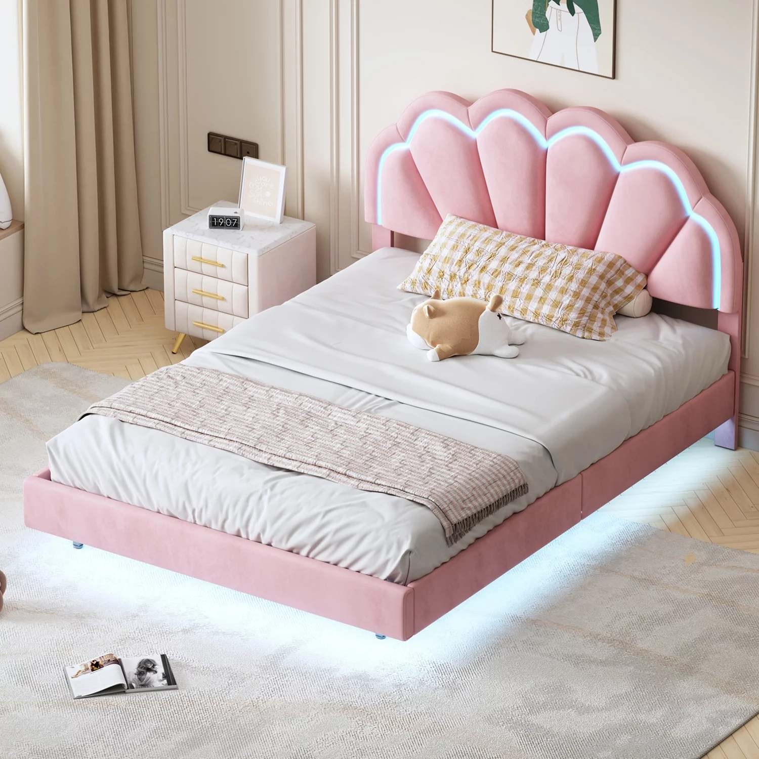 Churanty Full Pink LED Bed Frame with Wooden Flowers Headboard,Floating Velvet Upholstered Platform Bed Frame with LED Light