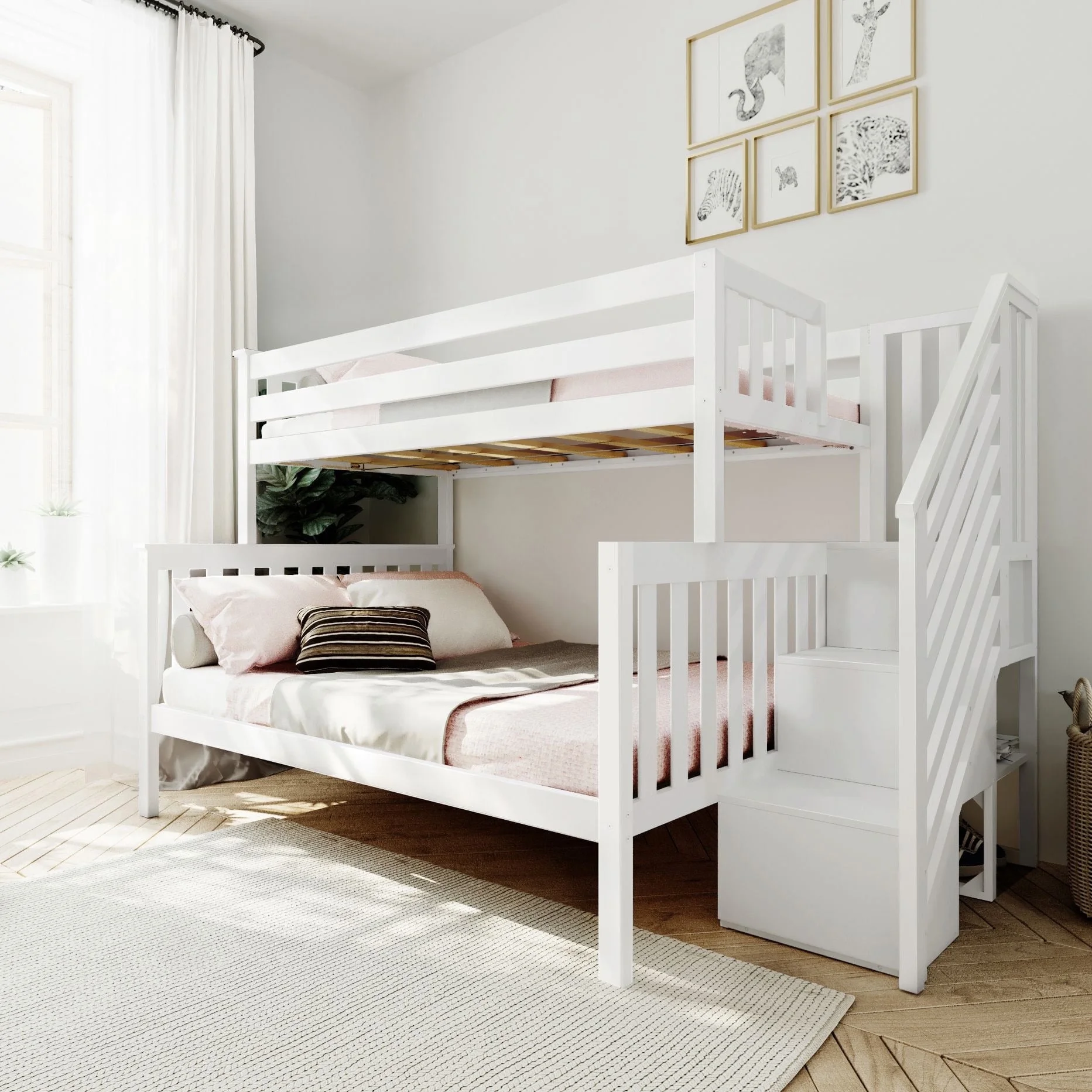 Max & Lily Twin Over Full Bunk Bed Frame For Kids Bedroom Furniture with Staircase, White