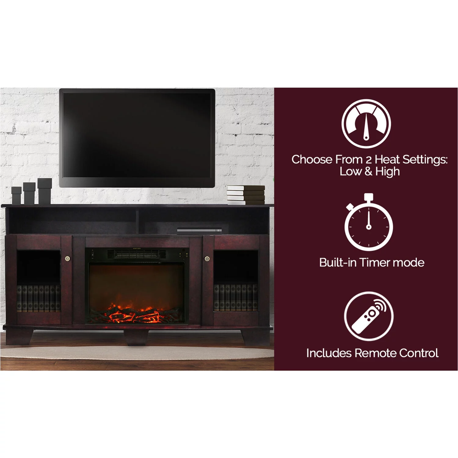 Cambridge Savona 59'' Rustic Electric Fireplace with Log Insert | TV Stand | Remote | For Rooms up to 210 Sq.Ft | Adjustable Storage | Dual Heat Settings | Mahogany Mantel | Timer