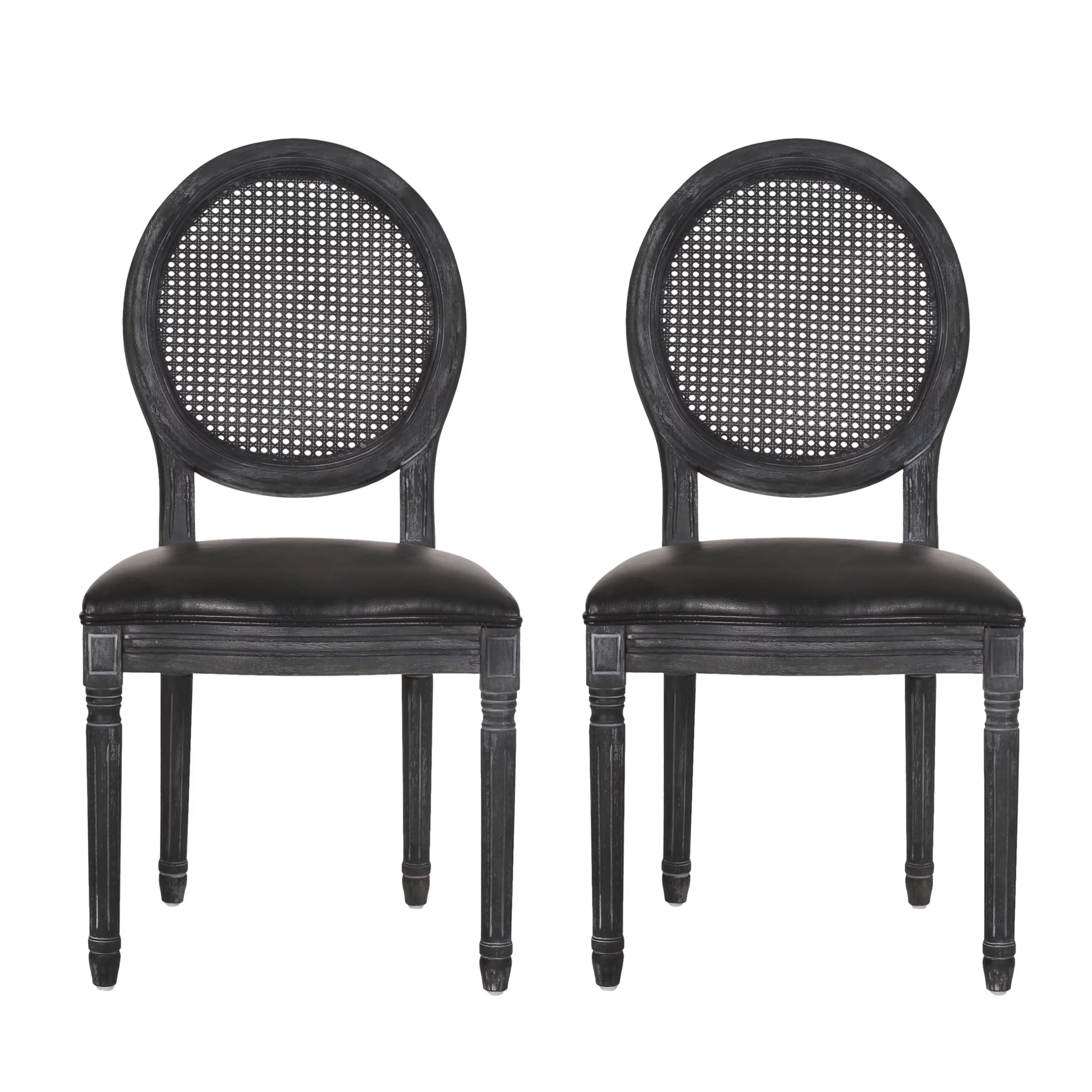 Lintz French Country Wood and Cane Upholstered Dining Chair, Set of 2, Midnight Black