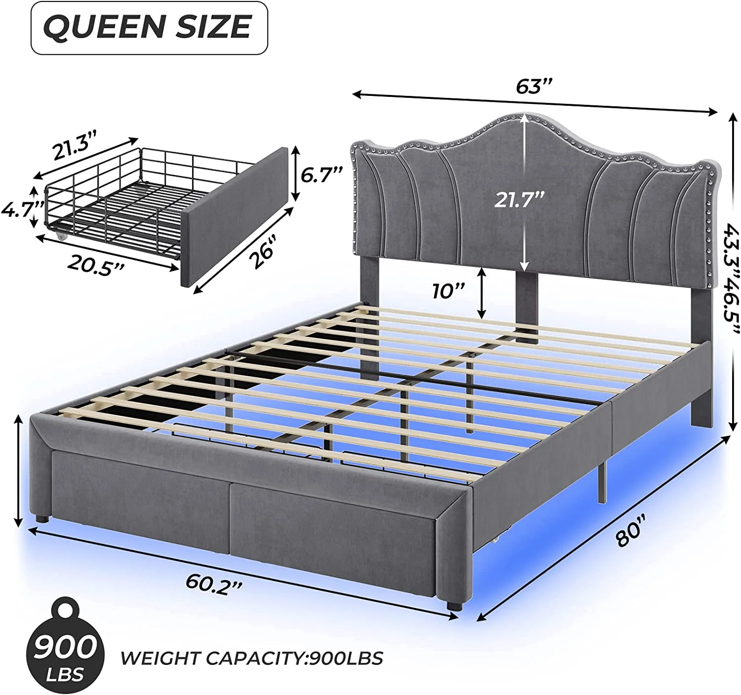 DICTAC Queen Bed Frame with 2 Storage Drawers and LED Lights Velvet Upholstered Platform Bed Frame Queen Size with Storage and Rivet Curved Adjustable Headboard, No-Noise, No Box Spring Needed, Grey
