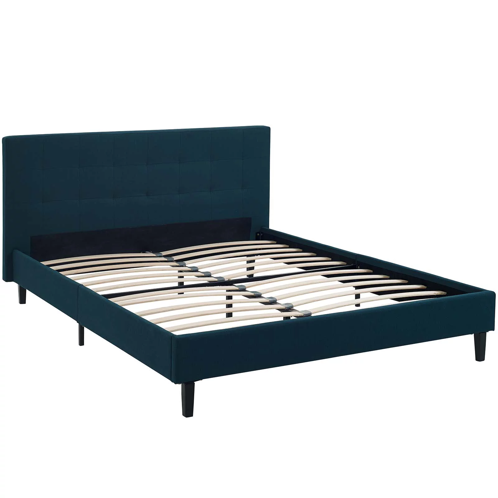 Modern Contemporary Urban Design Bedroom Full Size Platform Bed Frame, Navy Blue, Fabric Wood