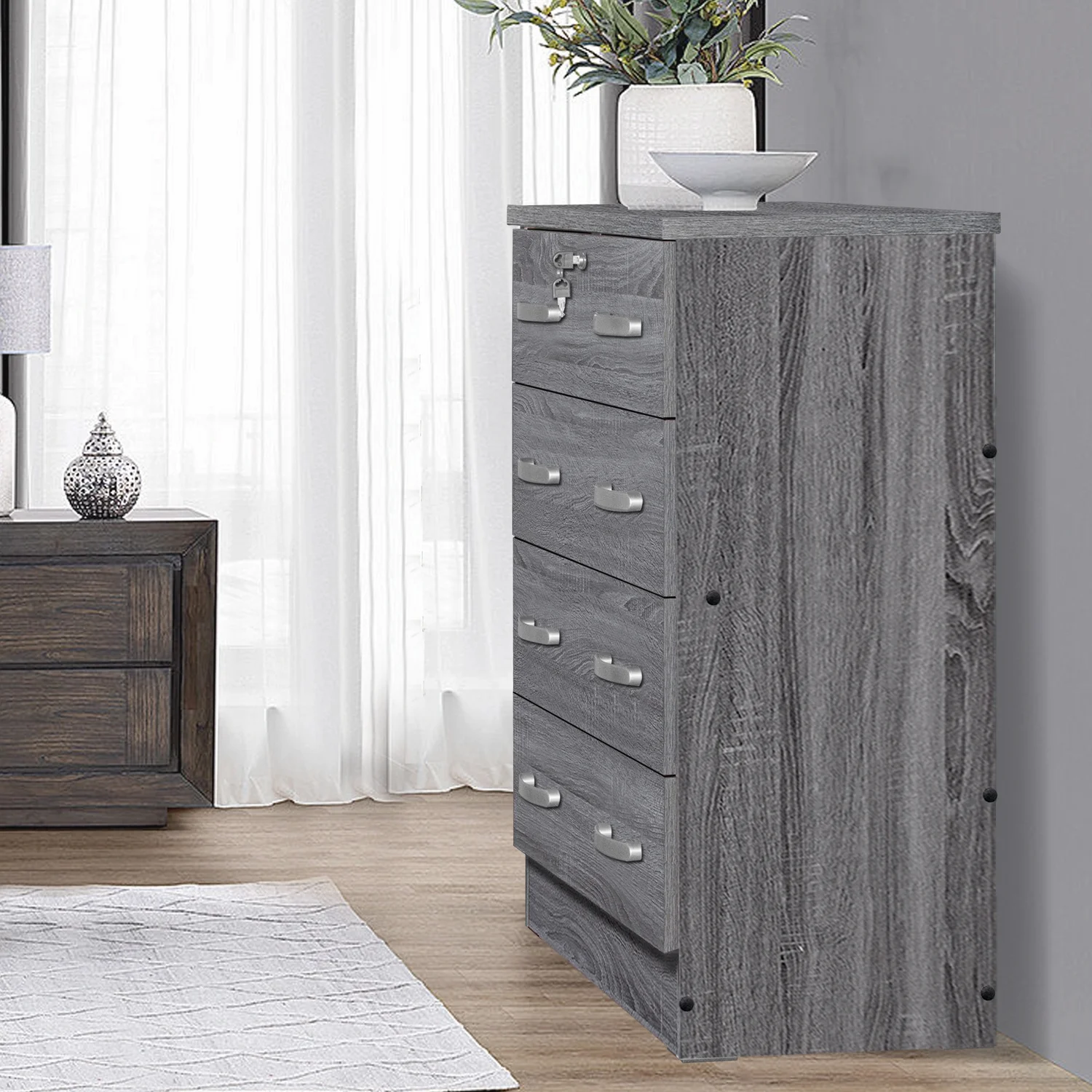 Better Home Products 4 Drawer Chest Dresser Wooden Storage Unit with Lock