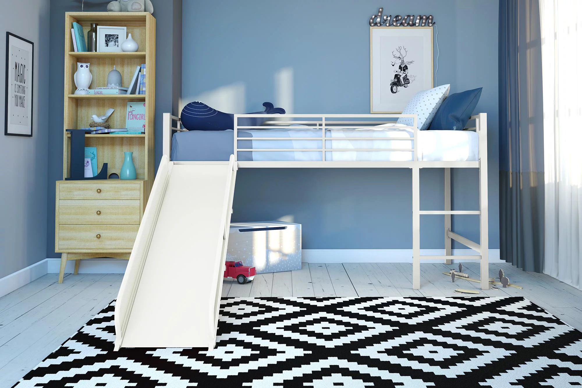 DHP Lively Junior Twin Metal Loft Bed, Off White with Off White Slide