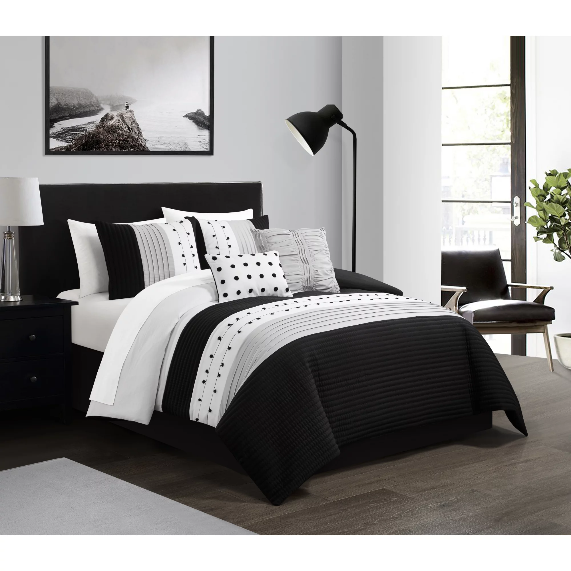 Chic Home Lainy Comforter Set Color Block Pleated Ribbed Embroidered Design Bed In A Bag Black, Queen