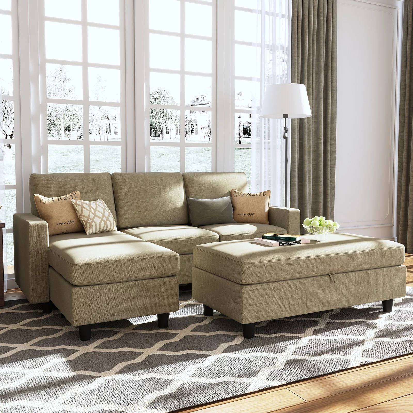 HONBAY Reversible Sectional Couch with Chaise Modern Sofa Set, Beige Polyester