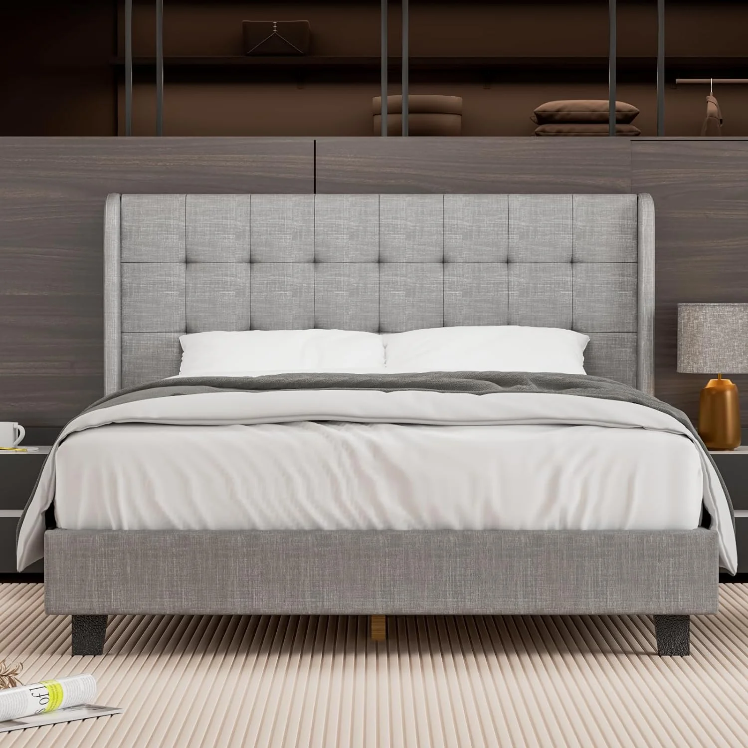 WAGEE Bed Frame Queen Size Platform Bed, Tufted Upholstered Bed with Square Stitched Headboard, Queen Bed Frame with Wingback, Strong Wooden Slats, Easy Assembly…