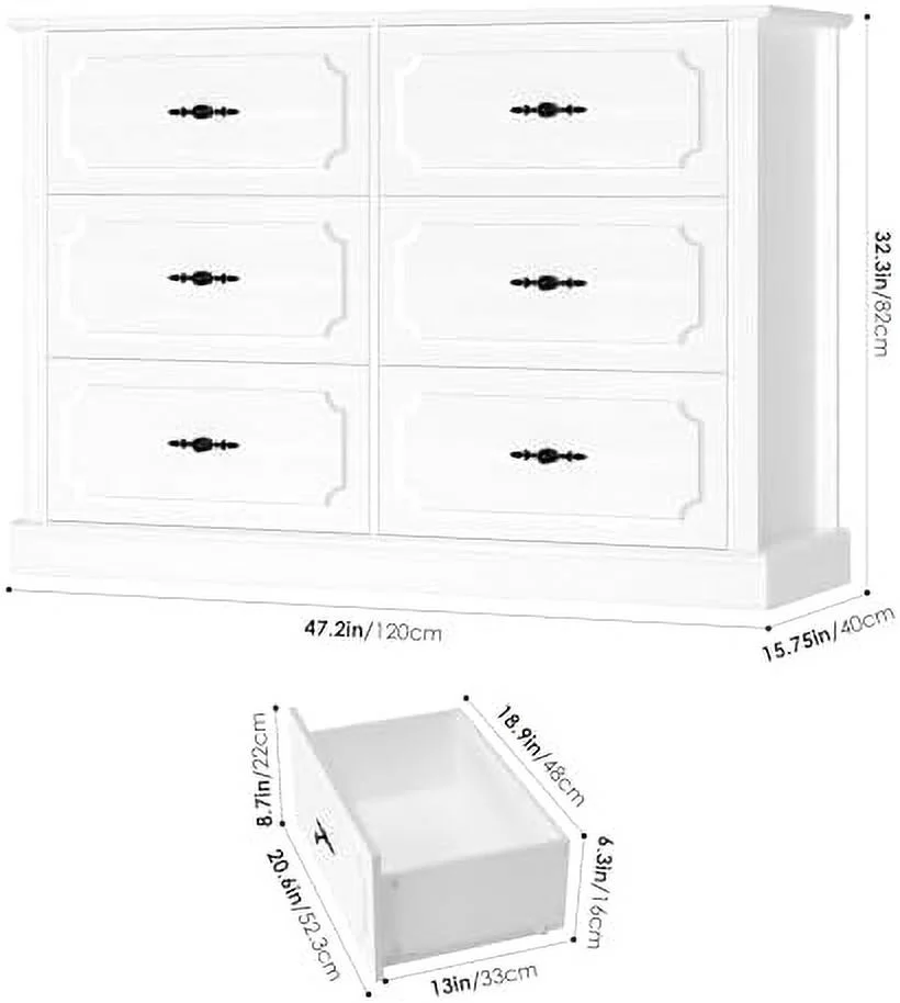 RUNFAYBIU Wood Dresser 6 Drawer  47.2'' Grey Dresser Farmhouse Dresser Chest of Drawers with Designed Drawer Surfaces  Grey Dresser with Deeper Drawer  Ash Grey