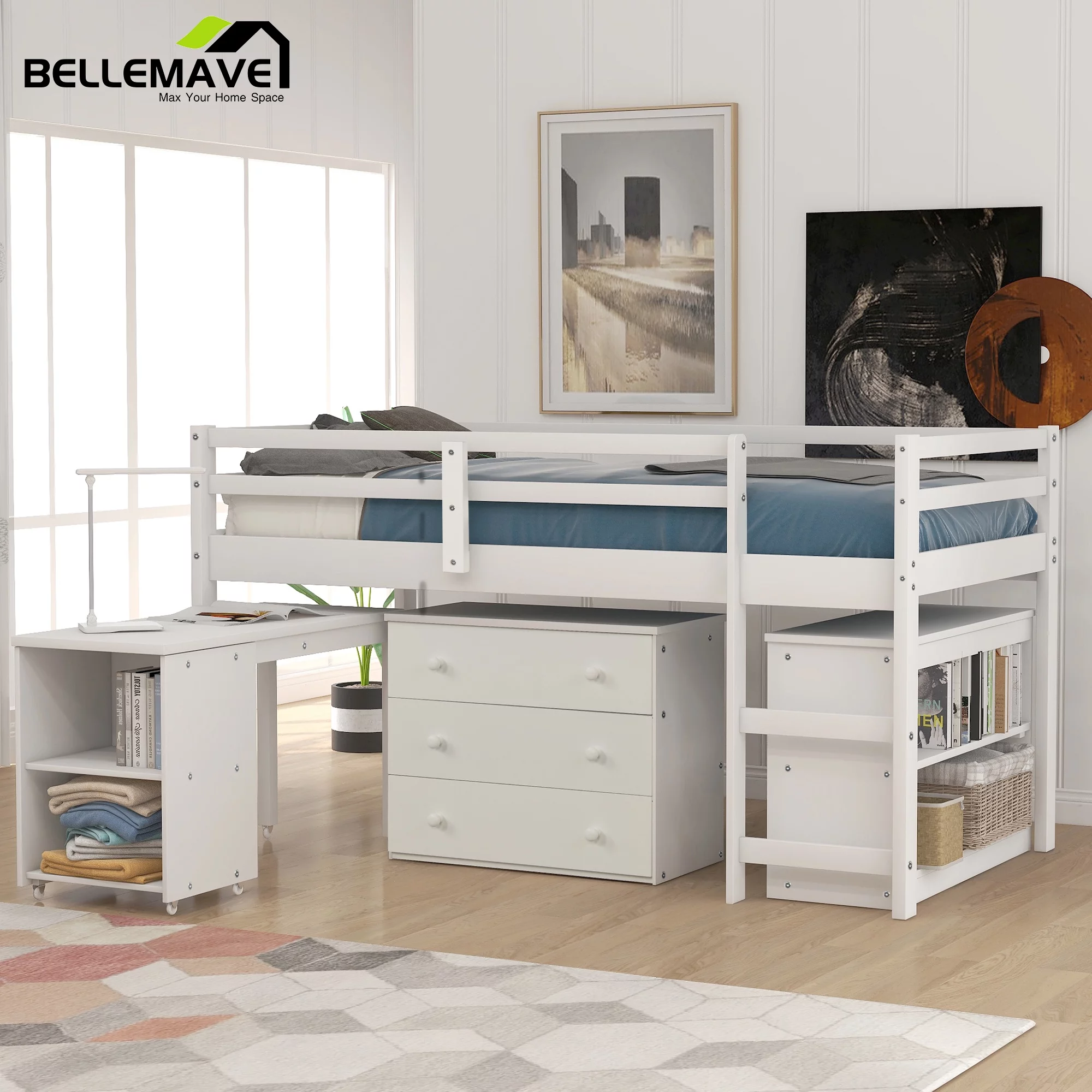Bellemave White Twin Size Loft Bed with Rolling Portable Desk, Drawers and Bookshelves for Kids Child Teen, Versatile Wood Frame Kids Loft Bed with Desk and Storage for Bedroom