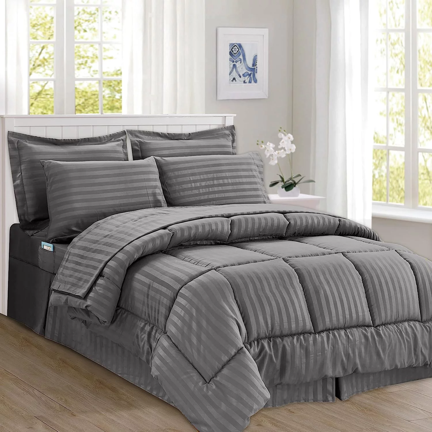 Mocassi Comforter Set, 8-Piece Striped Down Alternative, Soft & Plush Bedding Set Perfect for Any Bed Room, King/California King Size, Gray