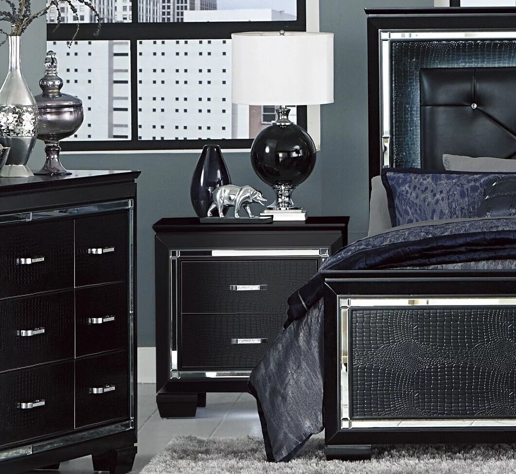 Modern 3pc Bedroom Furniture California King Size LED Bed Tufted Nightstands Glamorous Black Finish Set