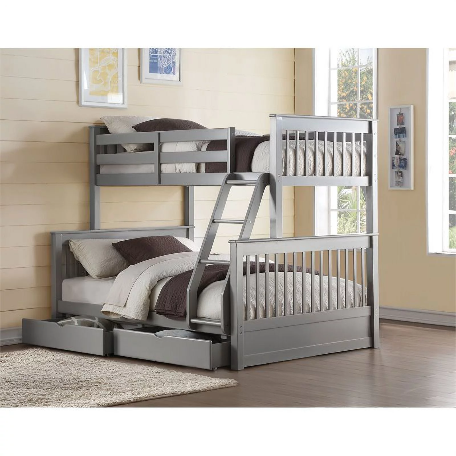 Wooden Twin Full Bunk Bed with 2 Drawers Gray- Saltoro Sherpi