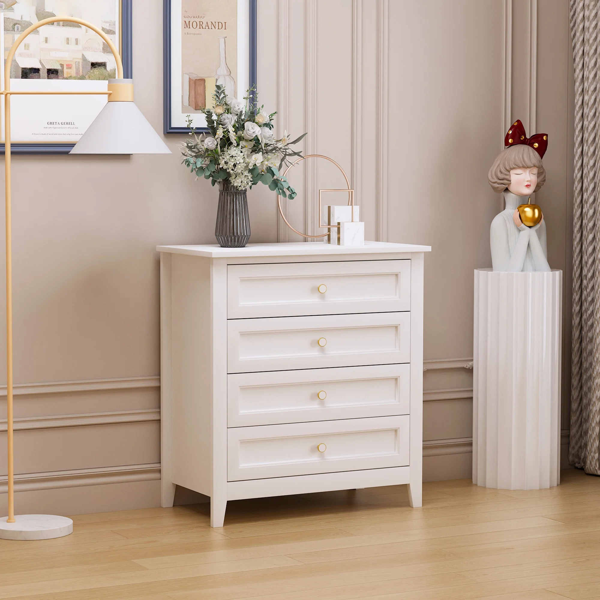 Retro Solid Wood Spray-Painted Dresser Bar, Buffet Cabinet - White, Dining/Living Room, Kitchen - Pack of 1