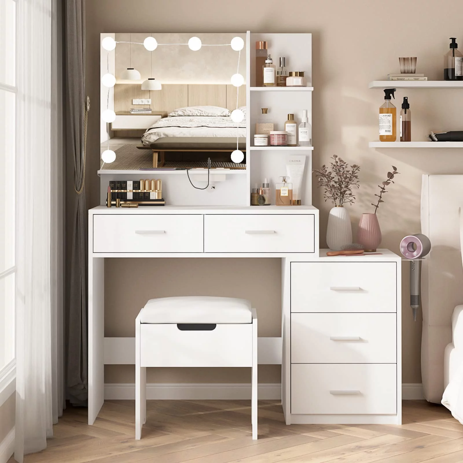 Veanerwood Vanity Desk with Mirror and Lights, Makeup Vanity Set with Drawers and Power Strip, for Bedroom 43.2in, Modern, White