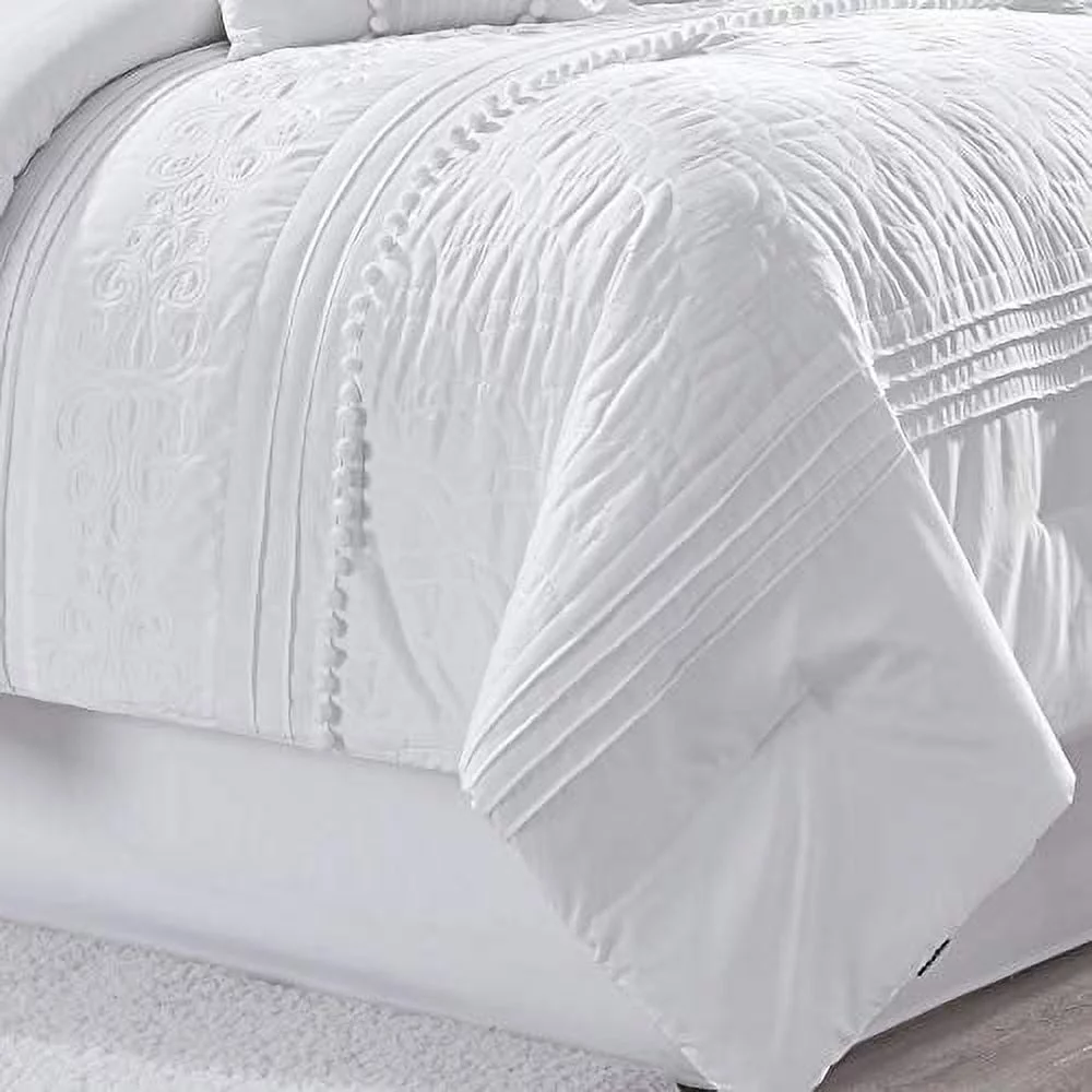 Chezmoi Collection Grace 7-Piece White Floral Chenille Embroidered Pleated Striped Comforter Set