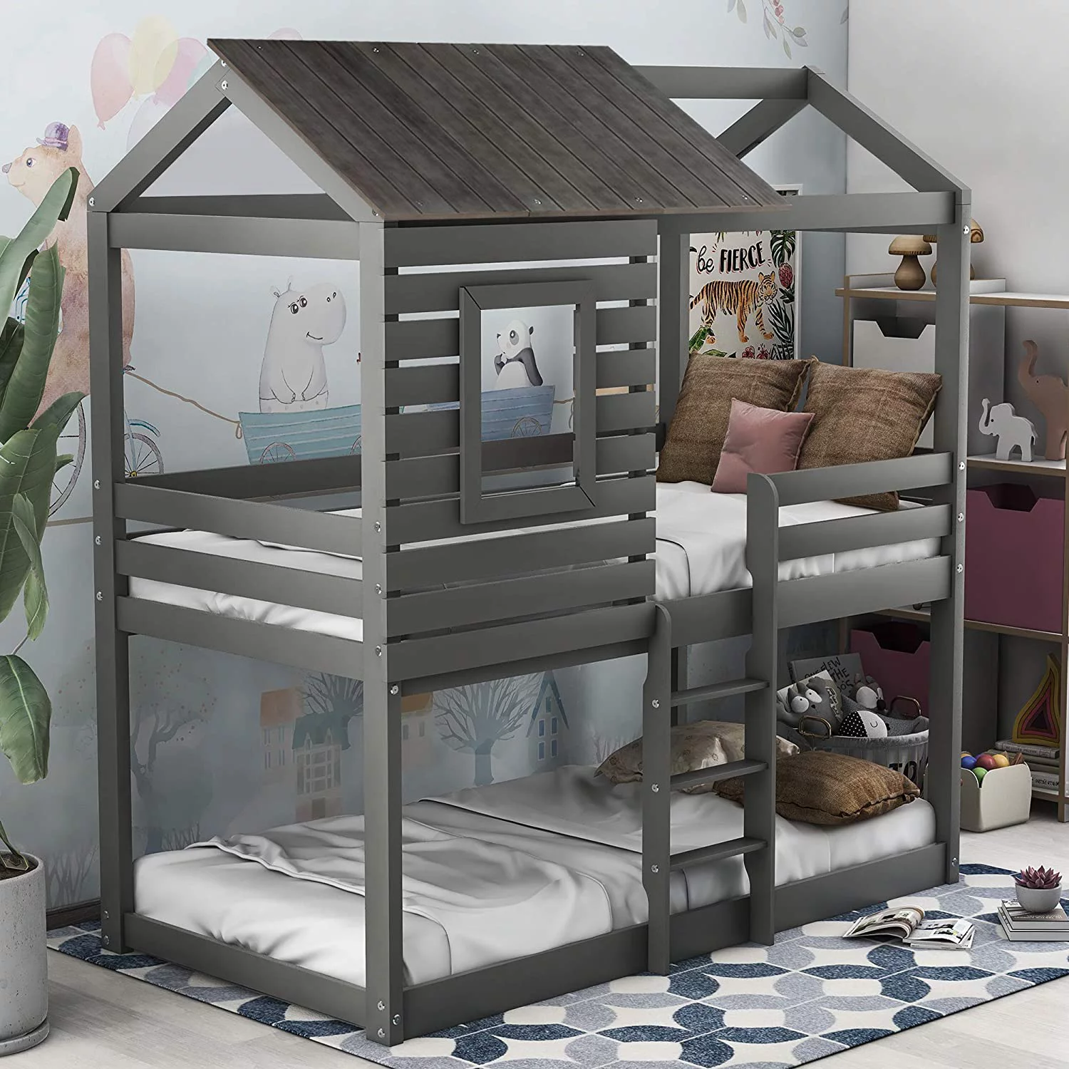 Churanty Twin Over Twin Bunk Bed Wood Loft Bed Bedroom Furniture with Roof
