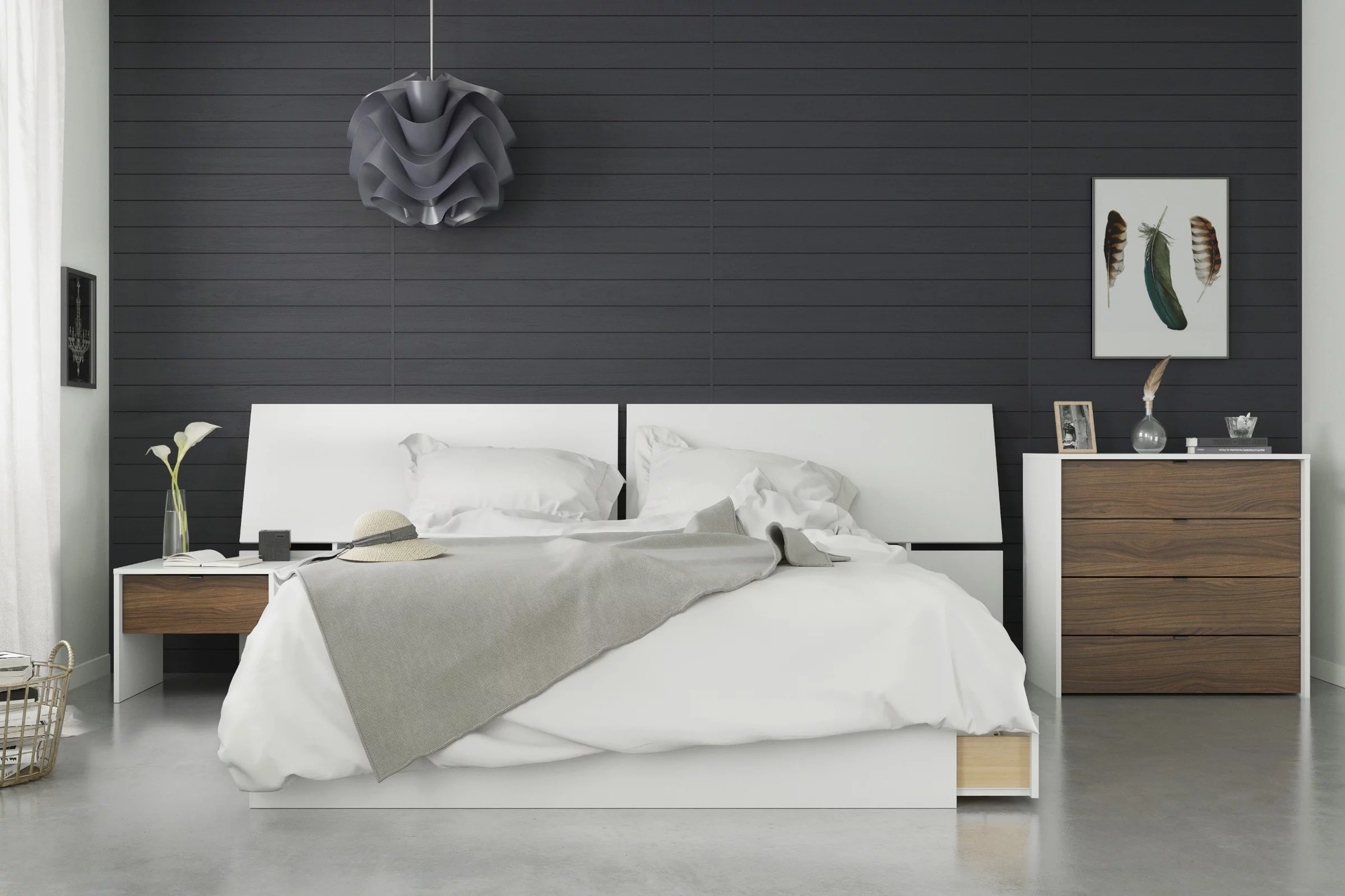 Modus 4 Piece Queen Size Bedroom Set Walnut and White