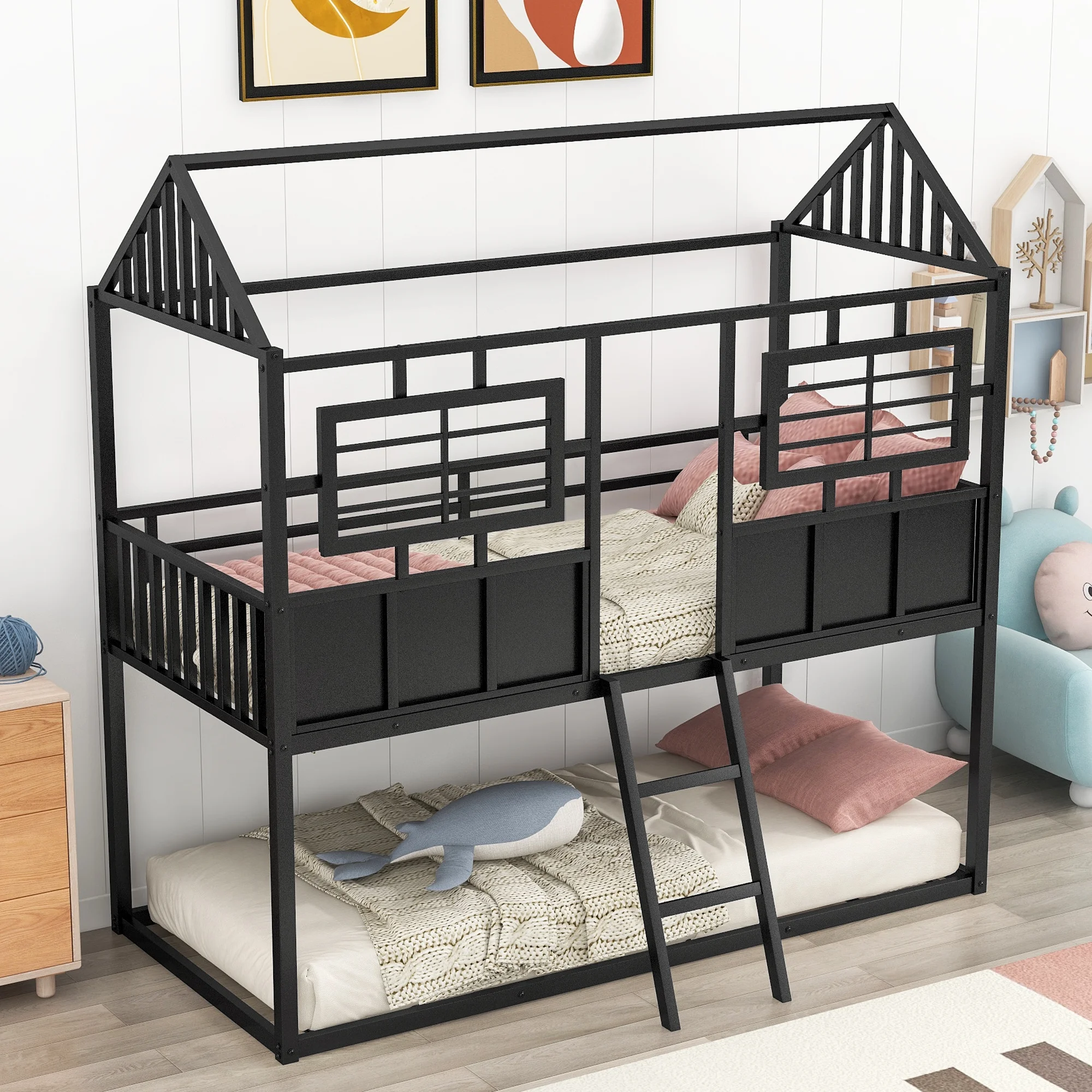 Dawn Whisper Twin over Twin Size Metal Low Bunk Beds with Roof and Fence-shaped Guardrail, Black
