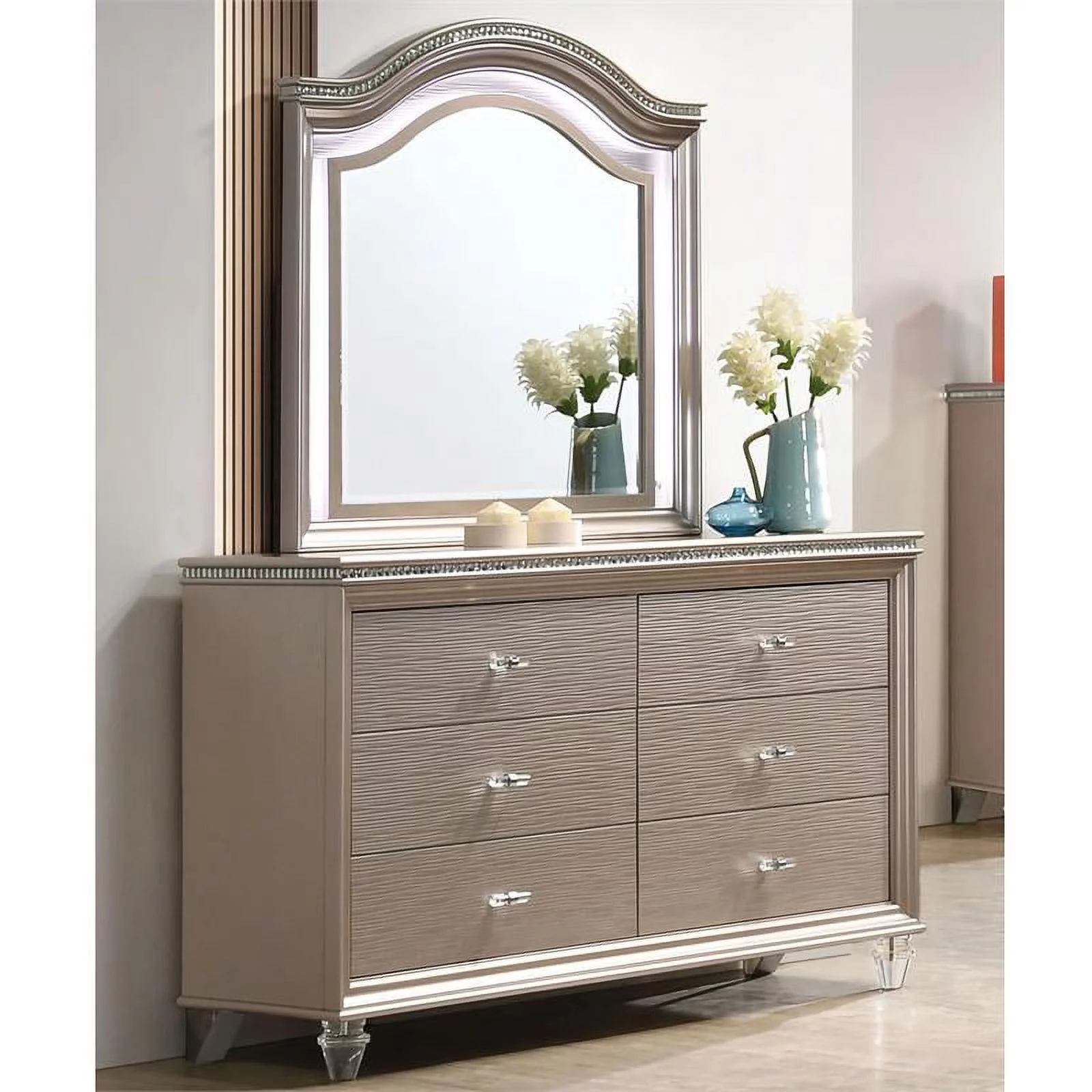 Furniture of America Devado Wood 2-Piece Dresser and Mirror Set in Rose Gold