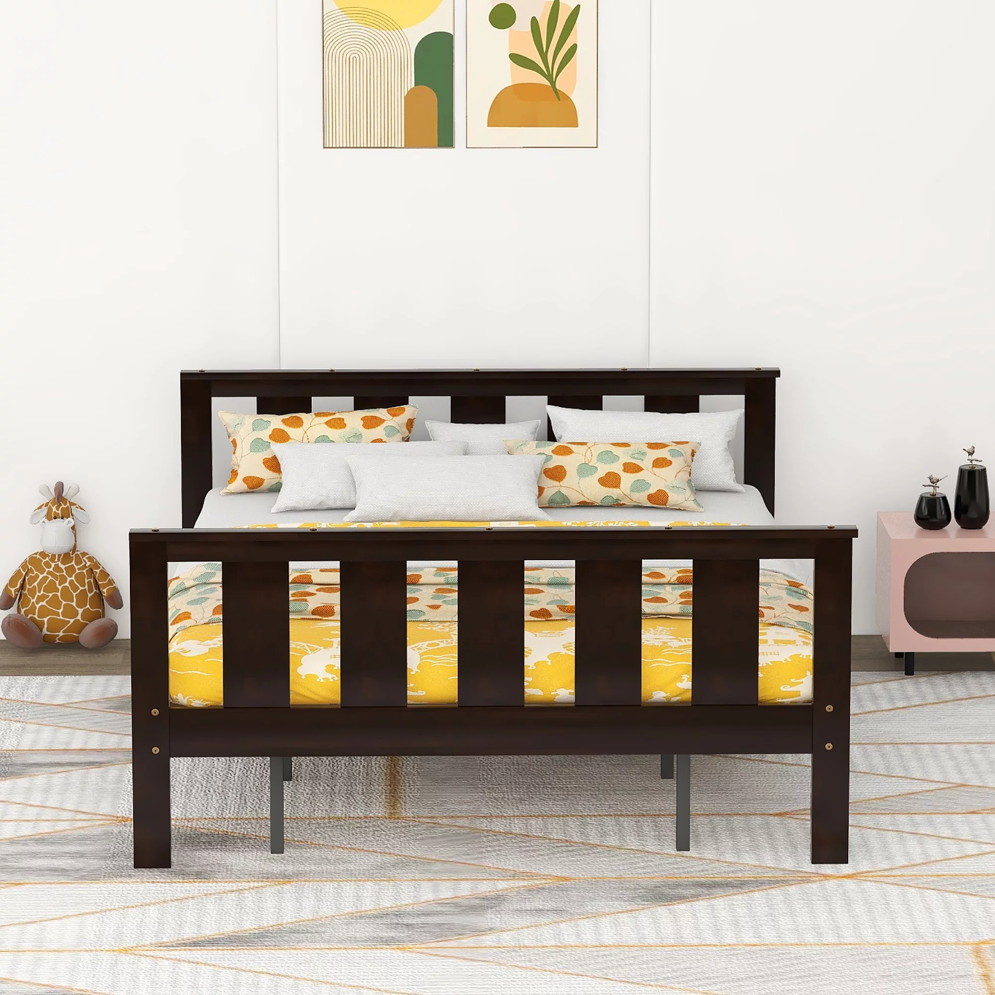 Queen Size Pine Wood Platform Bed with Headboard and Footboard for Kids Room, Espresso
