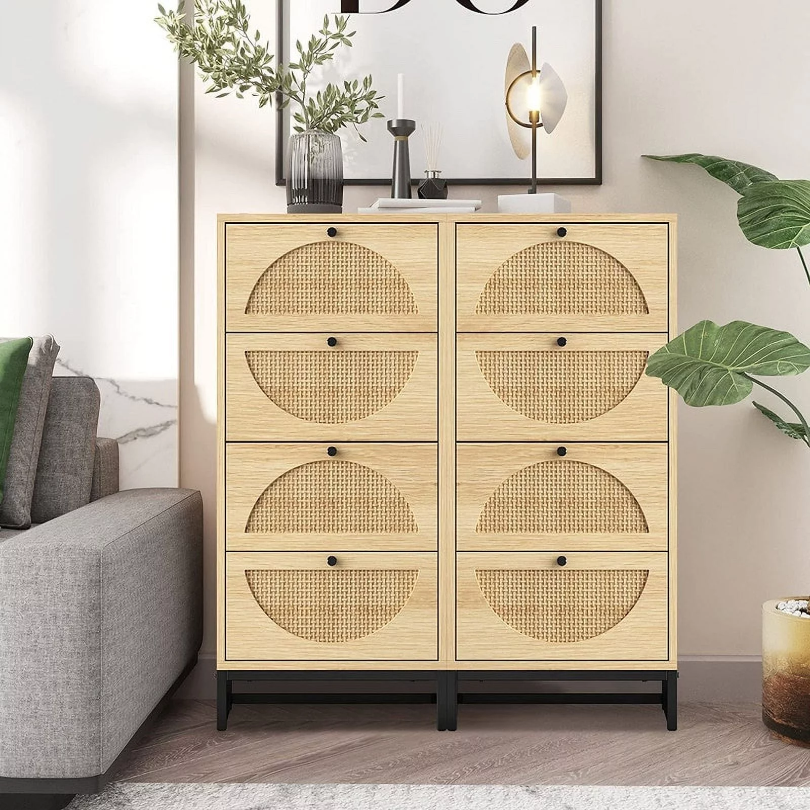 Boho Dresser Tower, Free Standing Storage Cabinet with 4 Rattan Drawers, Hallway Wooden Tall Storage Dressers Drawer Units Beige - 4-drawer