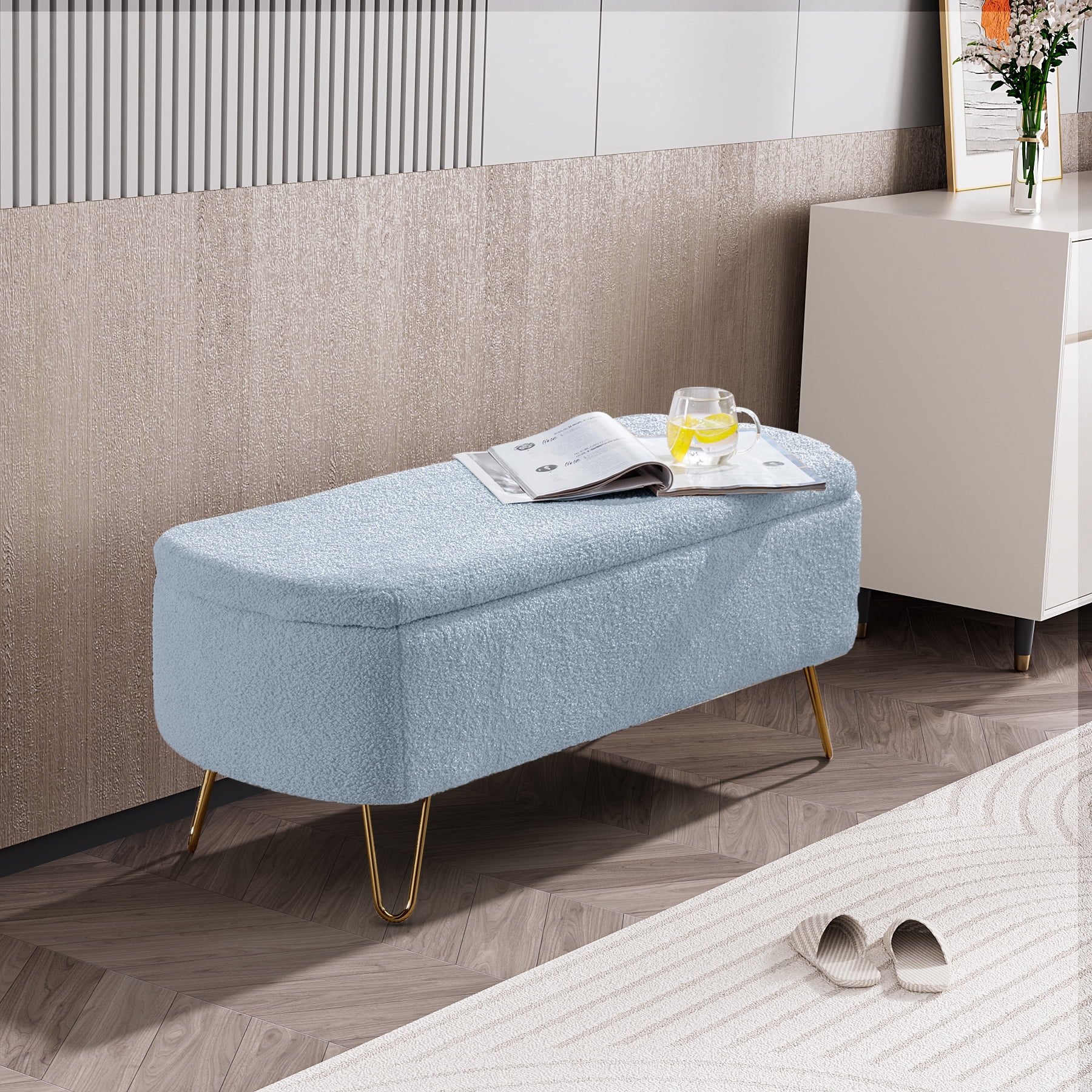 Rophefx Upholstered Storage Bench with Gold Metal Legs, Teddy Fabric End of Bed Bench, Storage Ottoman for Entryway Bedroom