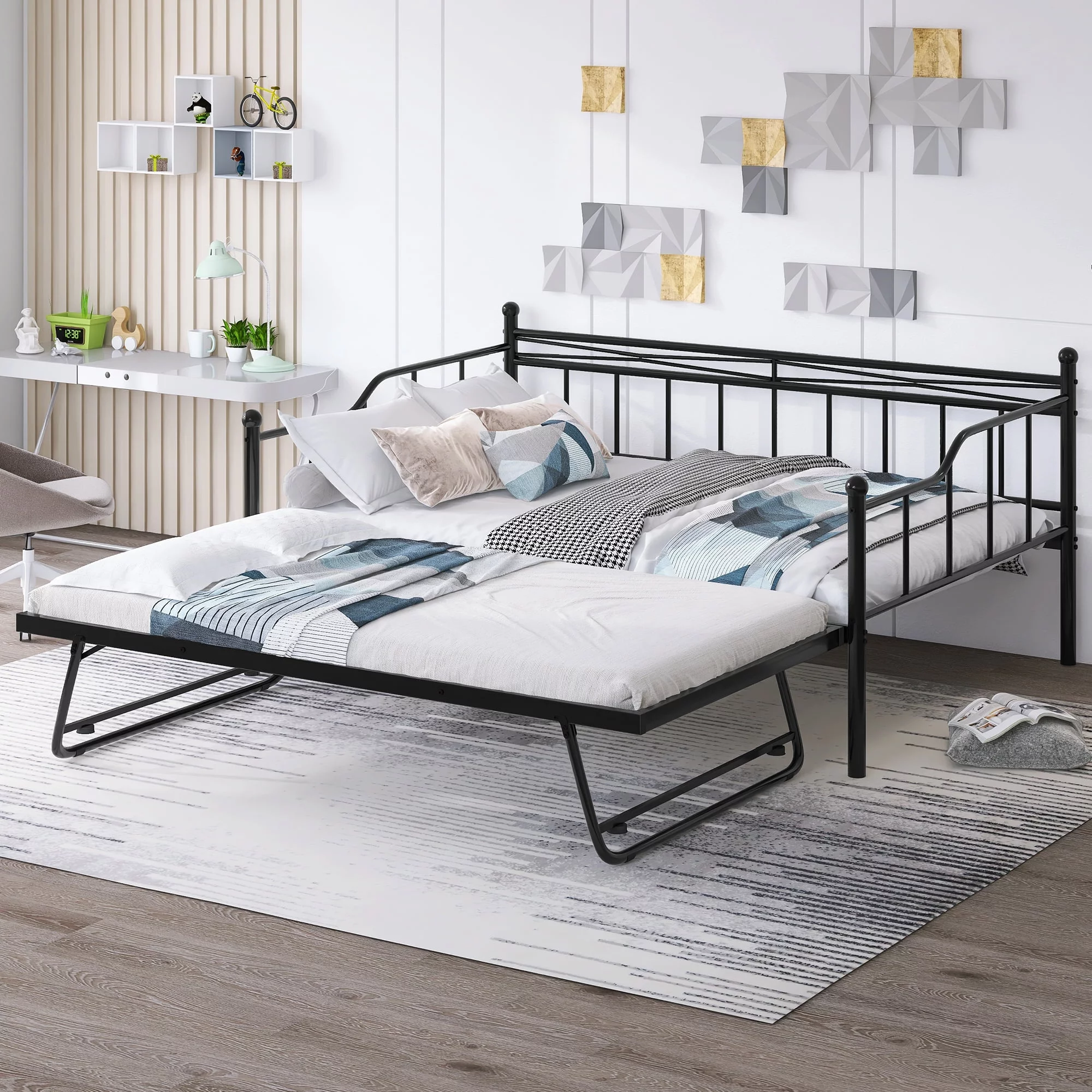 CoSoTower Full Size Metal Daybed with Twin Size Adjustable Trundle, Portable Folding Trundle, Black
