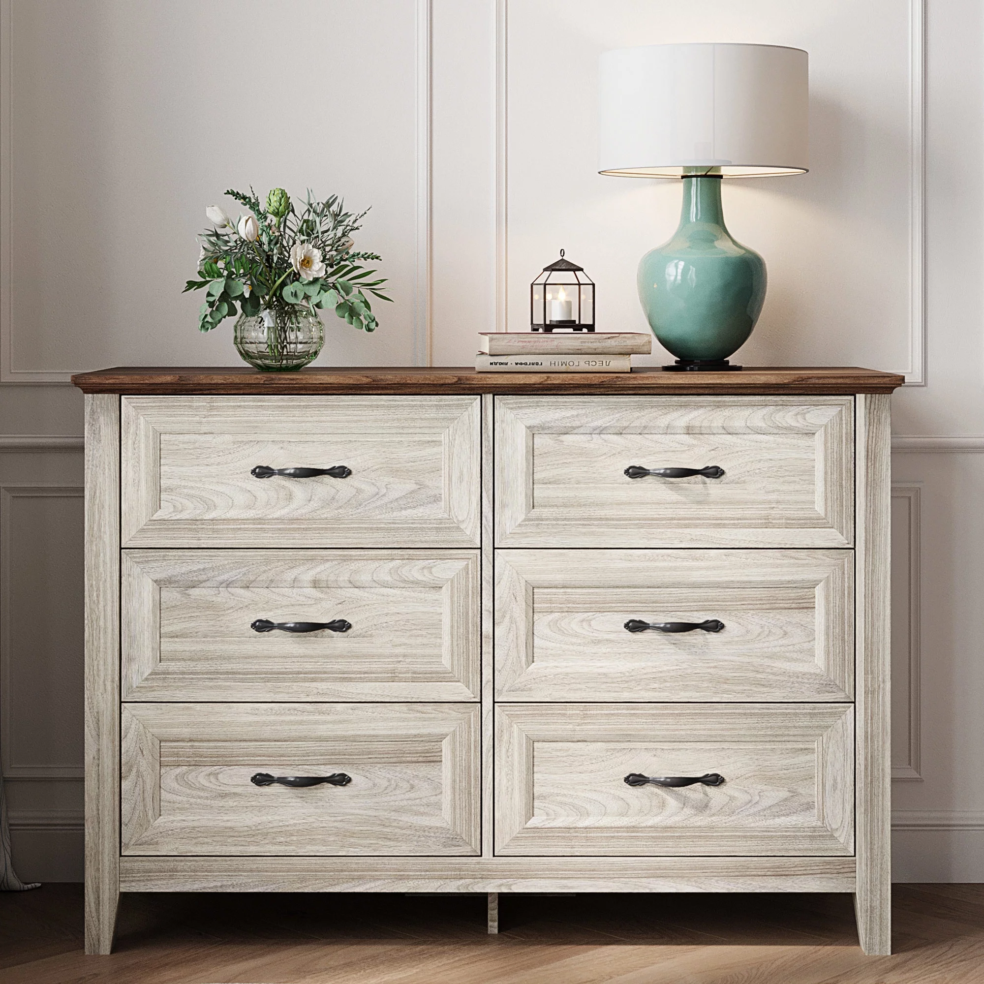 LINSY HOME Dresser for Bedroom, Long Dresser with 6 Drawers and Antique Handles, Chest of Drawers for Living Room, Entryway and Hallway, Rustic Oak