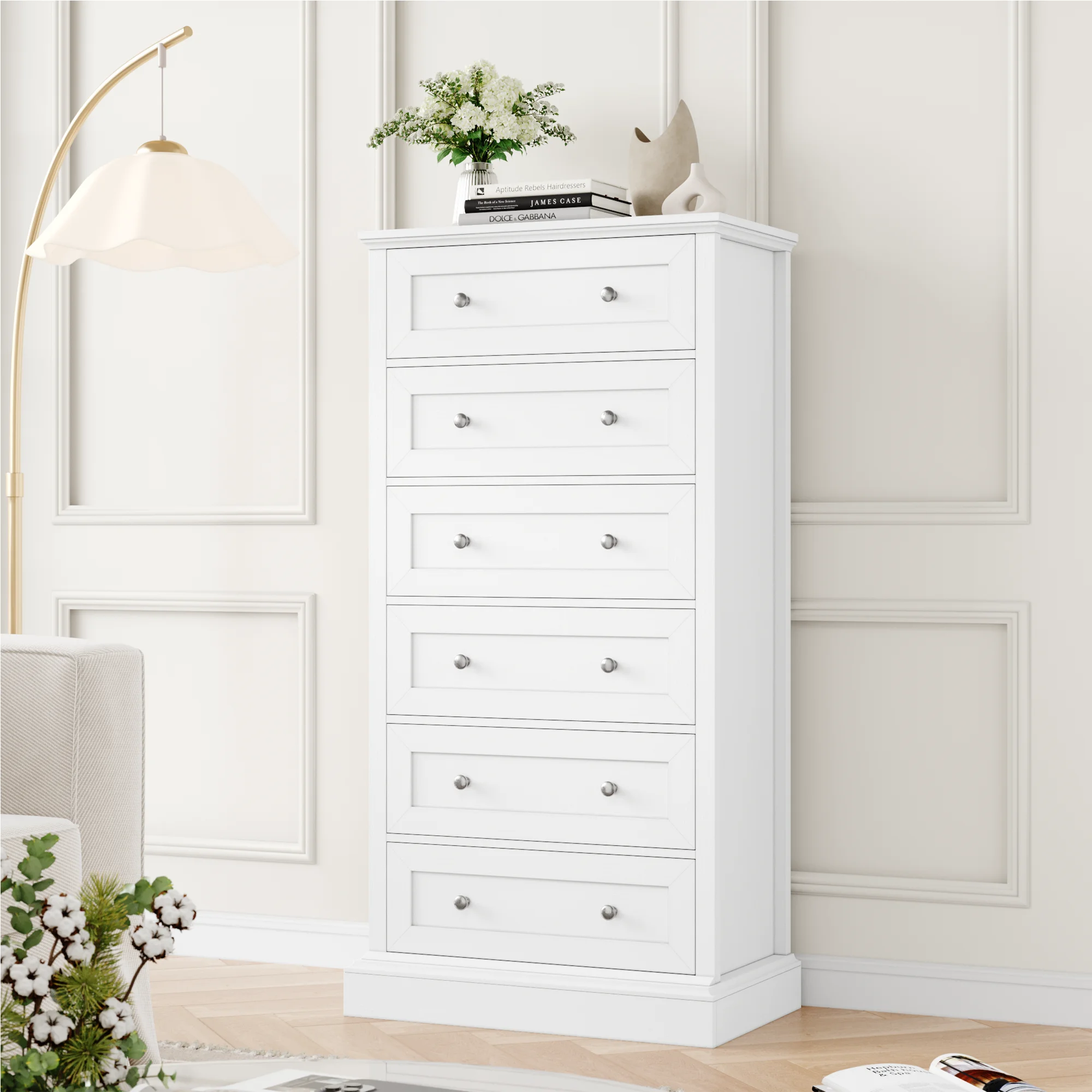 Homfa White Dresser with 6 Drawers, Vertical Storage Cabinet Chest of Drawers for Bedroom Living Room