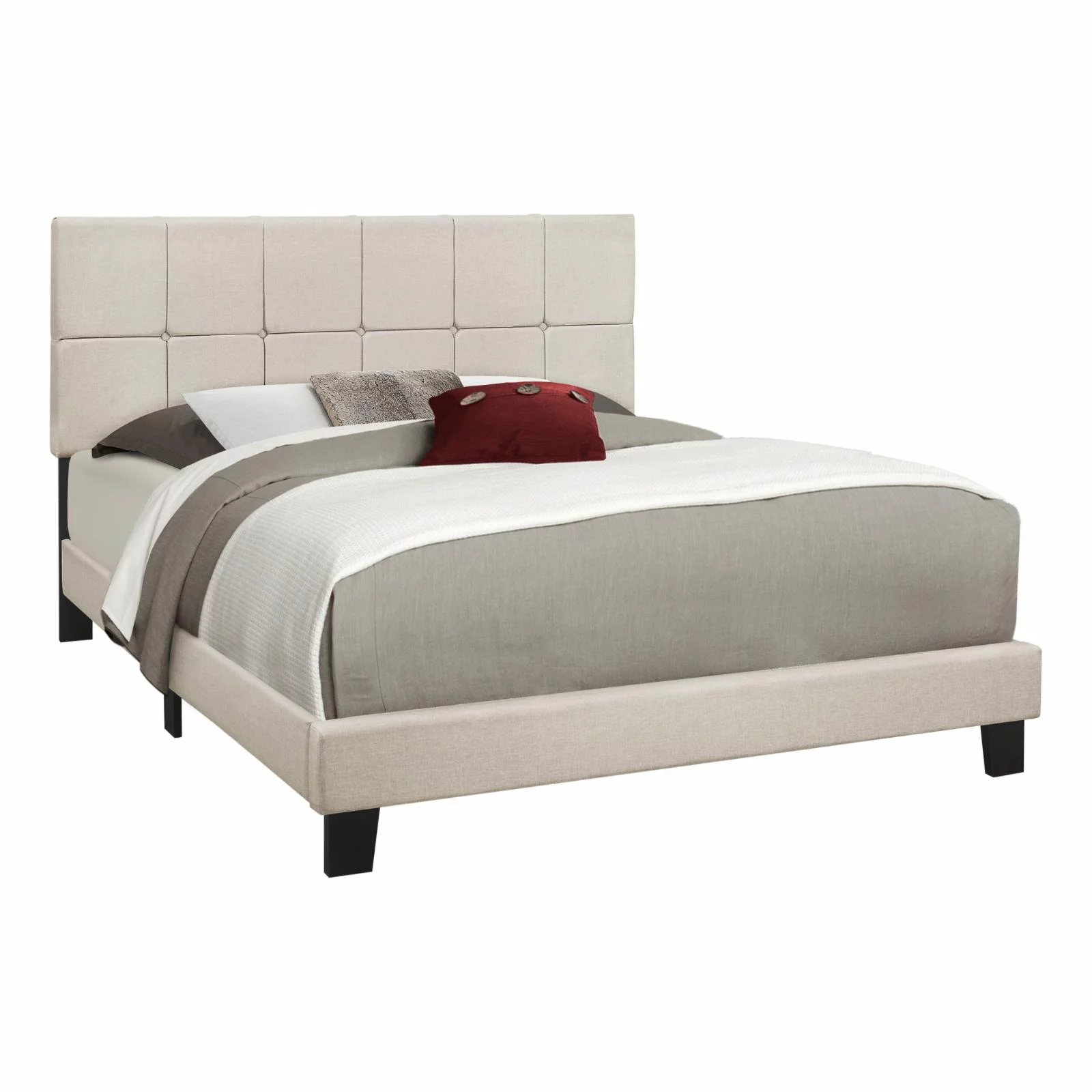 Monarch Specialties Bed, Queen Size, Bedroom, Upholstered, Beige Linen Look, Black Wood Legs