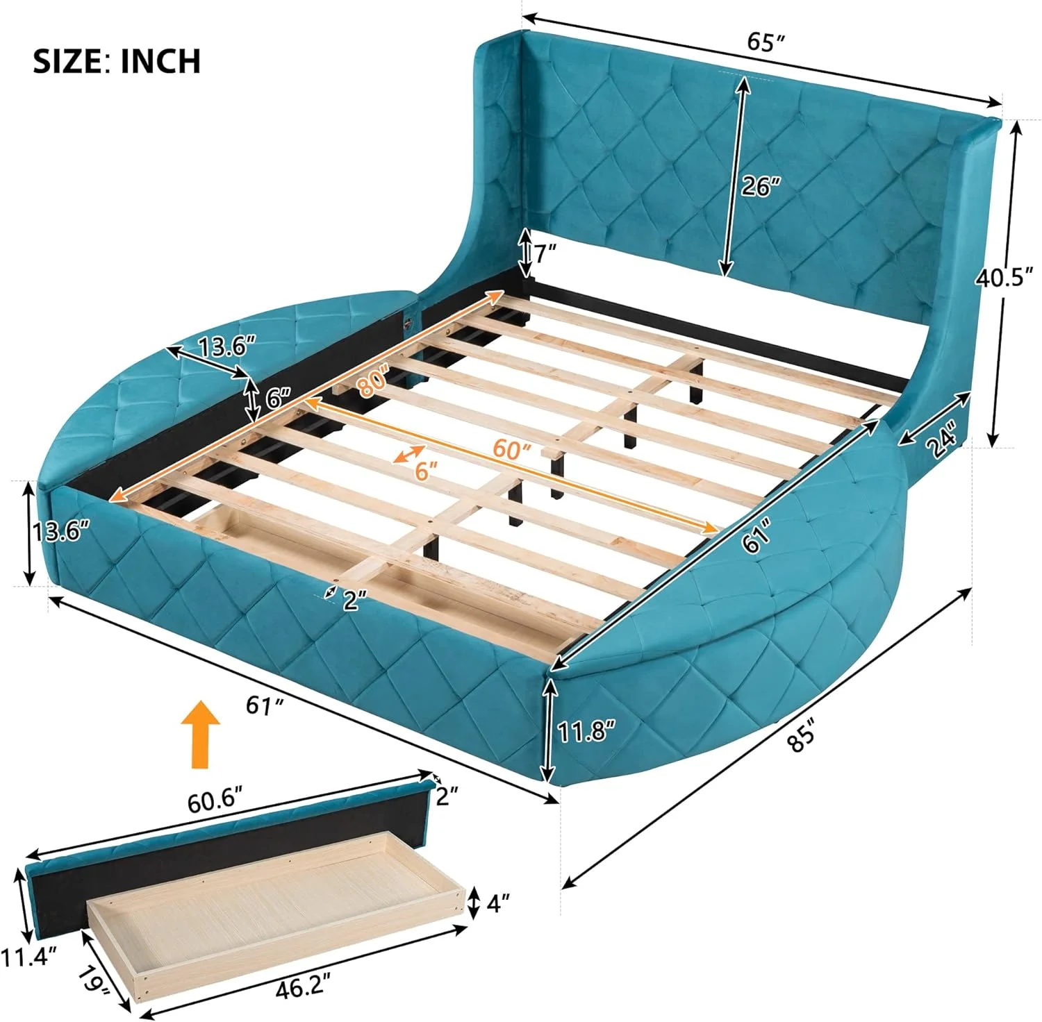 Velve Upholsered Quee Plaform Bed Wih Sorage, Quee Size Bed Frame Wih Headboard, 1 Big Drawer Ad 2 Side Sorage Sool, Srog Woode Slas/Easy Assembly/Blue