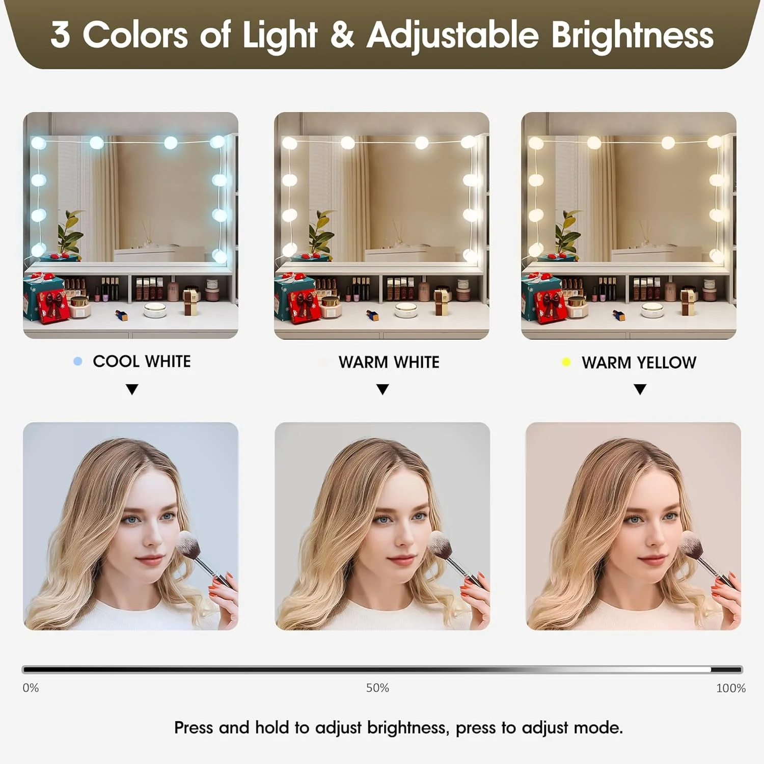 Vabches Vanity with Light and Mirror, White Vanity with Charging Posts, Vanity with 2 Drawers, Storage Shelves and Nightstand, Bedroom Dressing Set