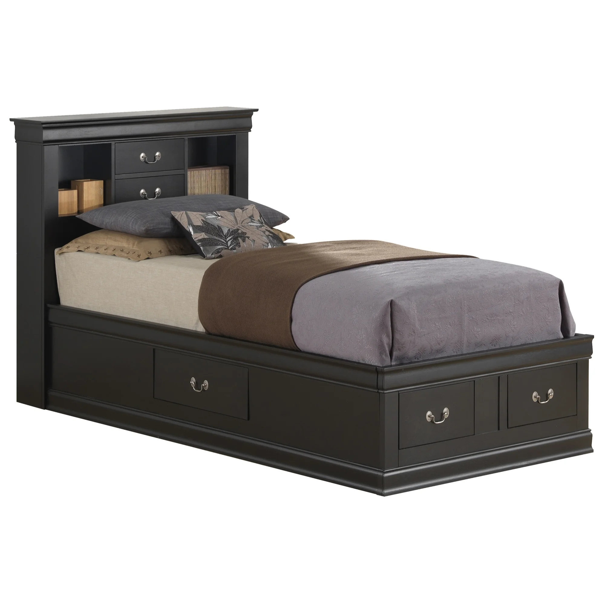 Passion Furniture Louis Philippe Black Twin Storage Platform Bed with 6 Storage Drawers