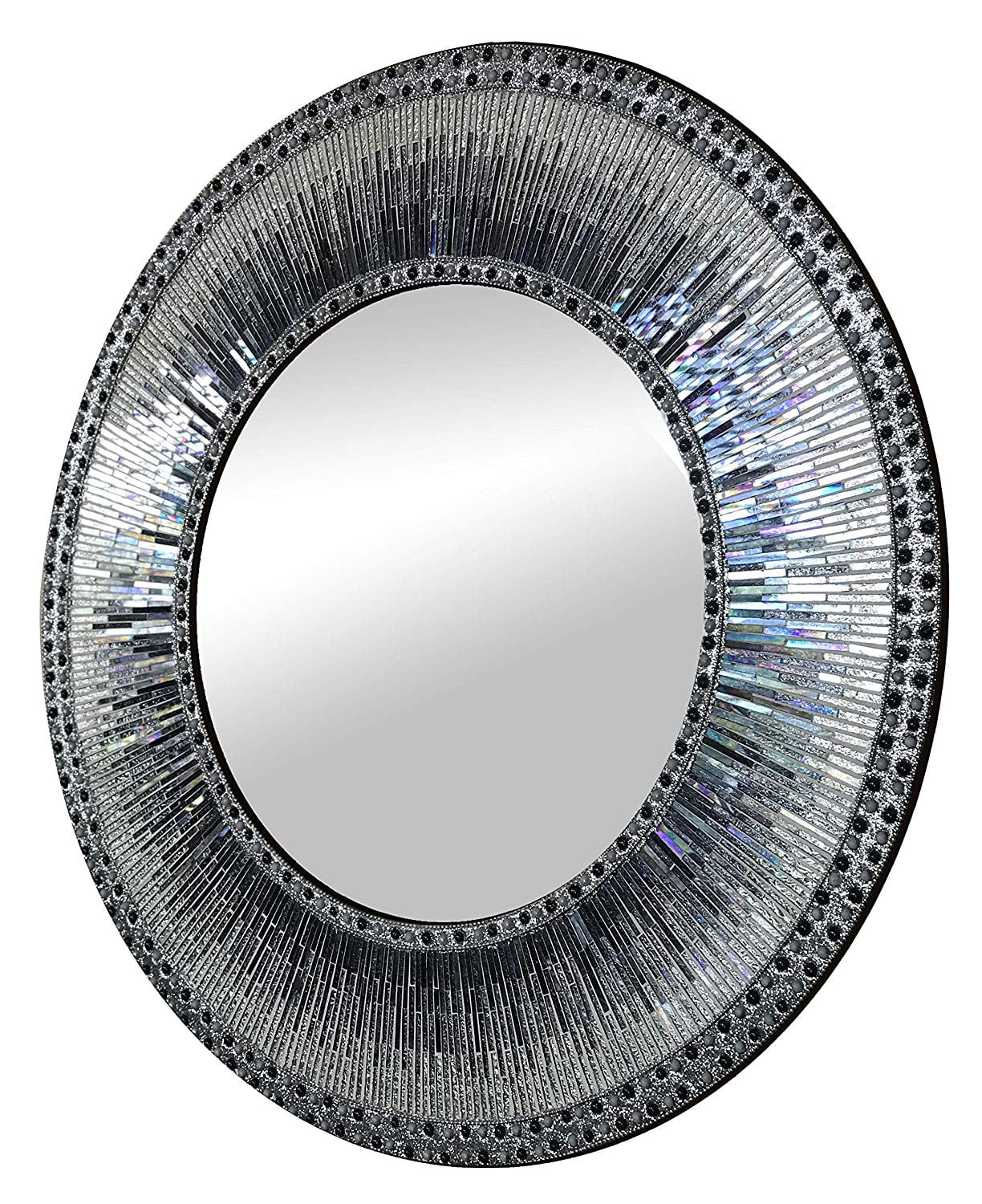 DecorShore Kaleidoscope 24 Inch Wall Mirror, Luxe Multi-Colored Silver and Iridescent Charcoal Gray Glass Mosaic Framed Wall Mirror, Decorative Round Accent/Vanity Mirror (24