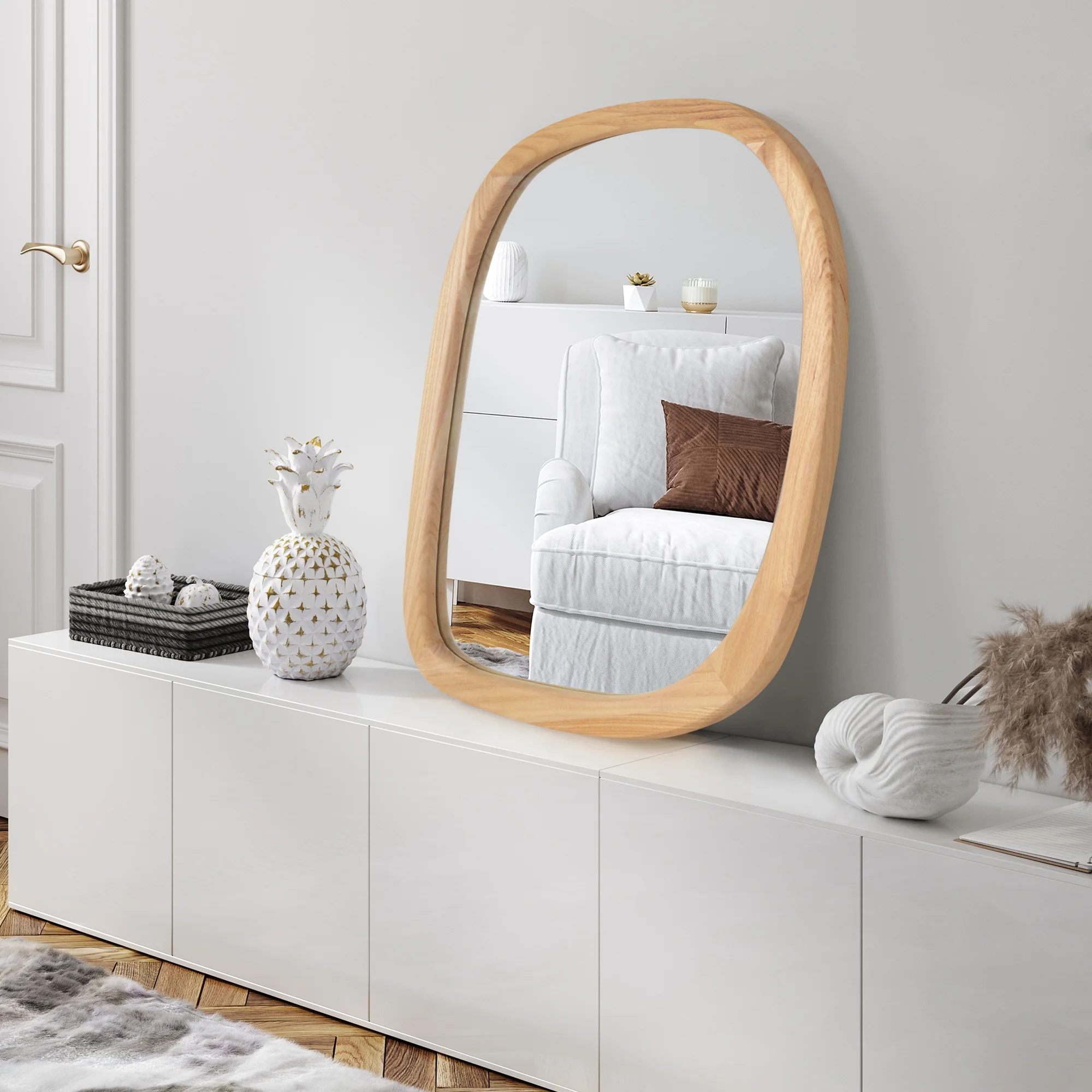Americanflat Asymmetrical Mirror in Natural Sycamore - 22x28 Irregular Wall Mirror for Bathroom, Living Room, Entryway Hall, and Decorative Mirror for Bedroom